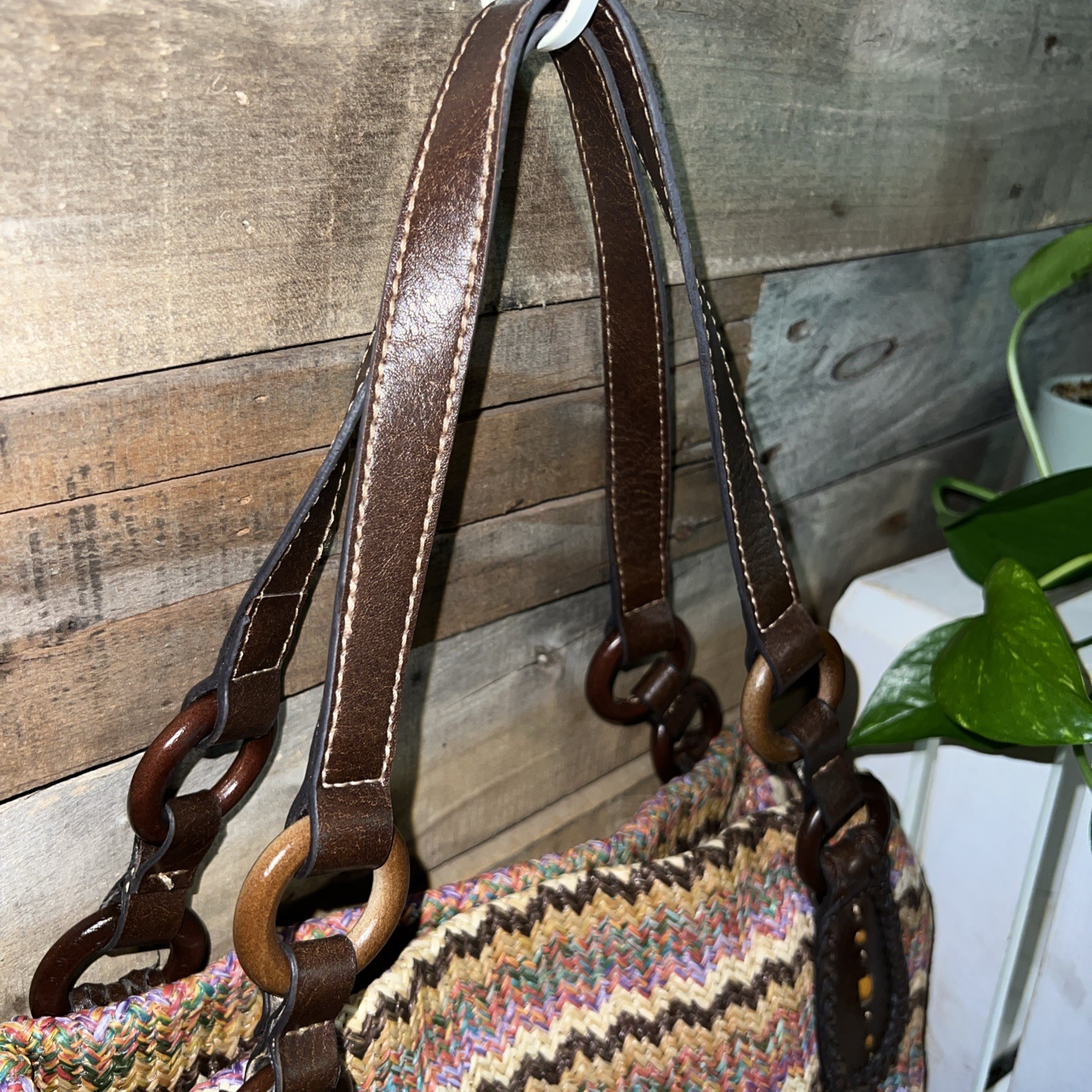 Vintage Fossil Multi Zig Zag Straw Woven Shoulder Hobo Bag Boho Multicolor Y2K