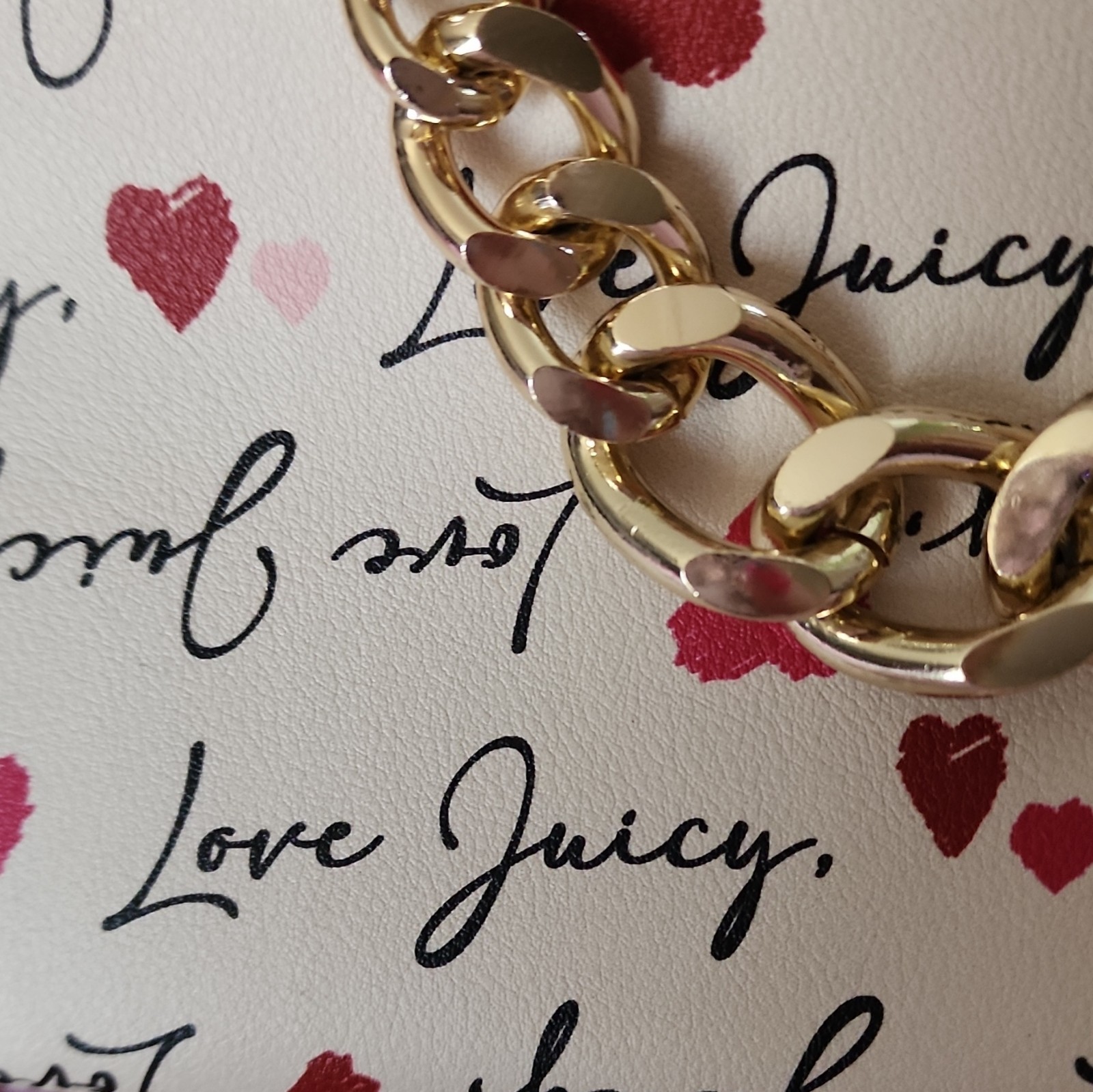 Juicy Couture Heart Print Satchel White Gold Chain Detachable Strap Charm