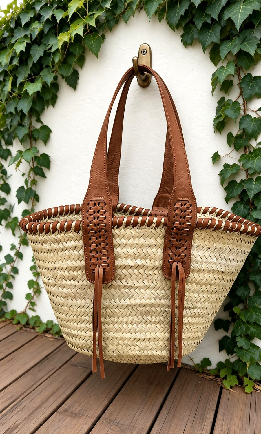Large Moroccan Straw Basket Bag Handmade Market Tote Leather Handles Boho