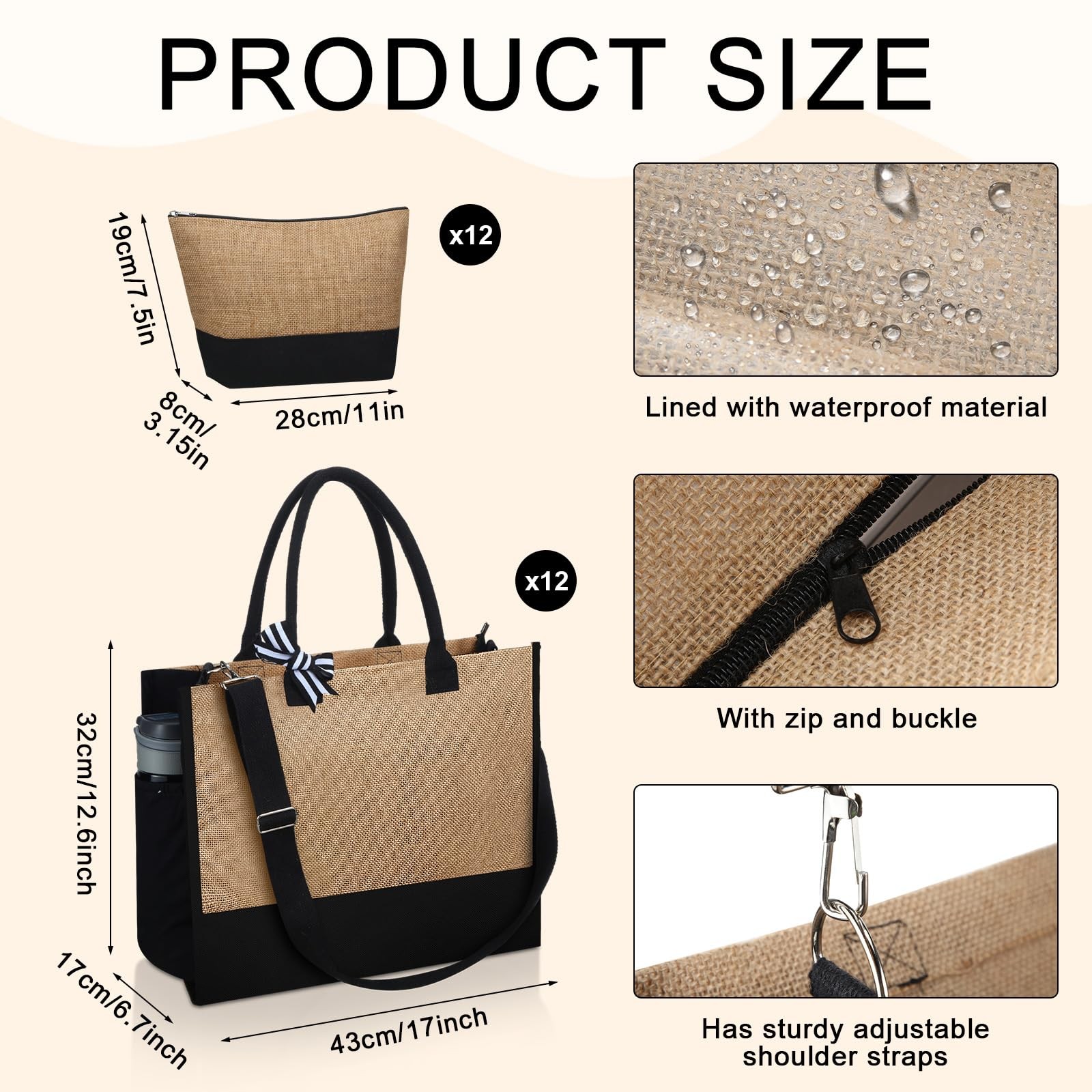 24 Pcs Sanwuta Burlap Tote Bags 17 x 13 x 7 Inch with Makeup Handles
