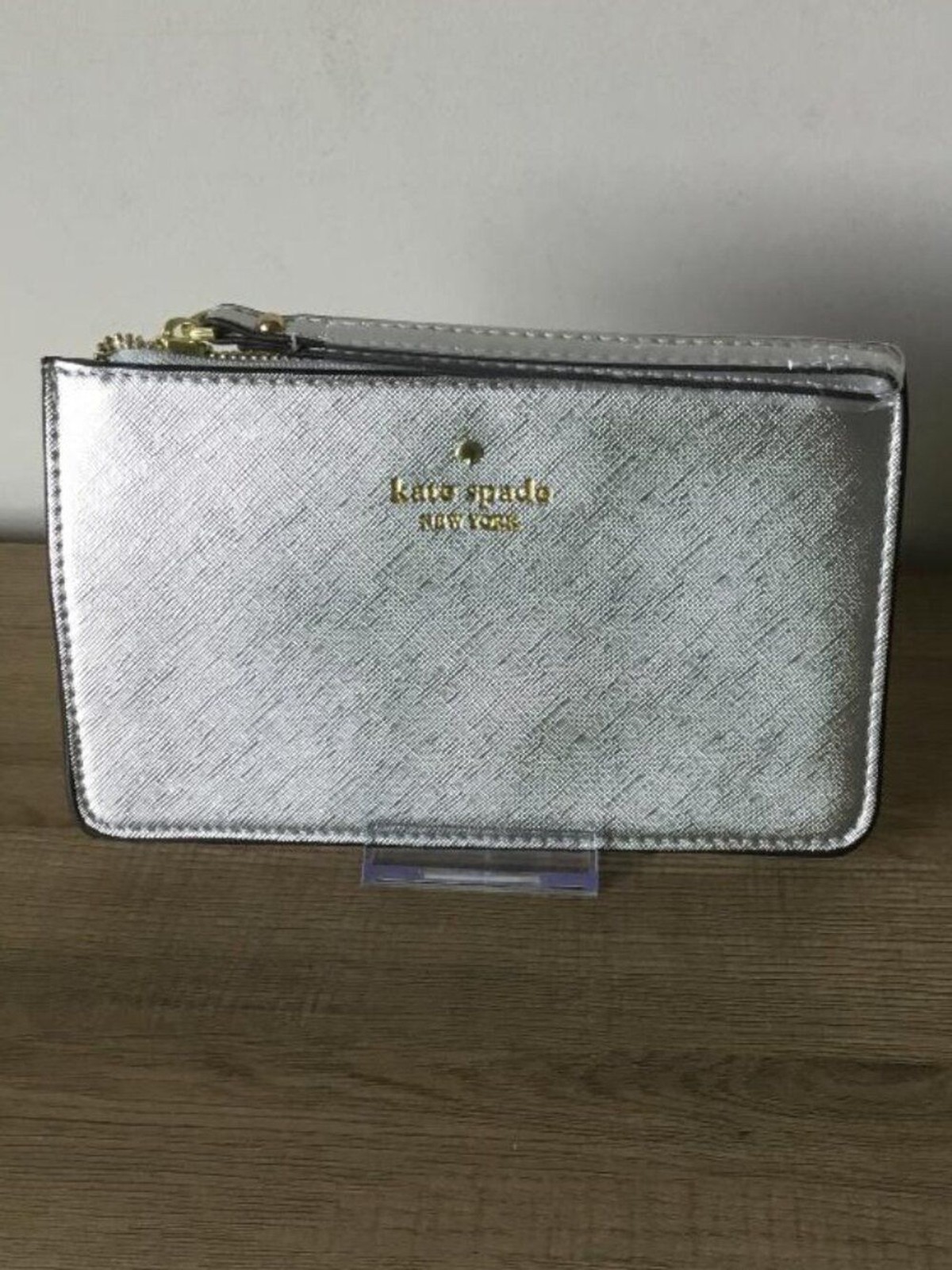Kate Spade New York Saffiano Leather Slim Wallet Metallic Finish Gold Tone Logo