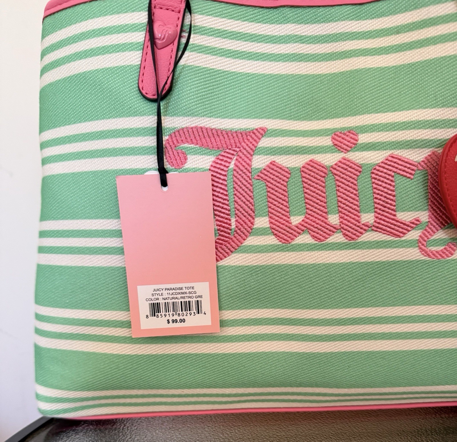 Juicy Couture Paradise Tote Bag Green White Striped Cherry Charm Canvas NWT