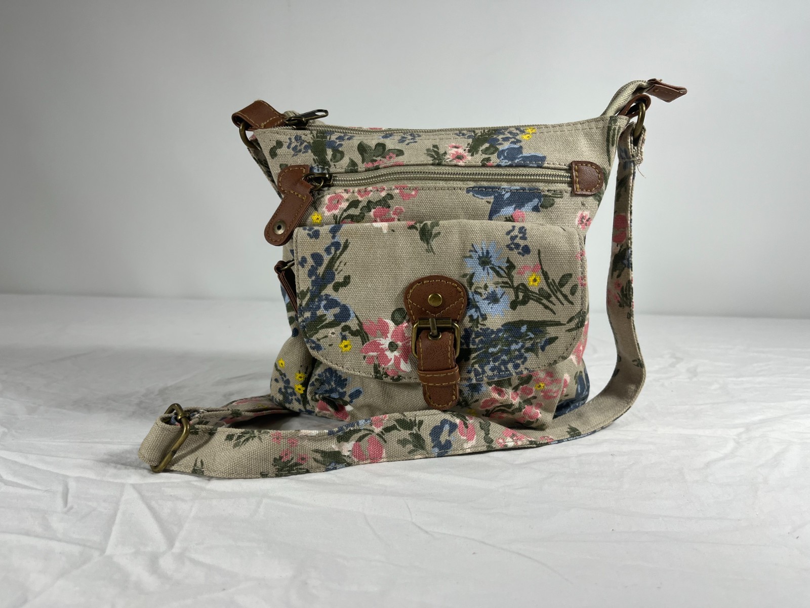 Floral Rose Print Tan Canvas Crossbody Hook and Loop Handbag Tote
