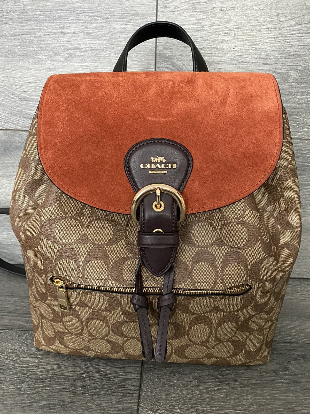 Coach Suede Kleo khaki multi backpack bag women signature