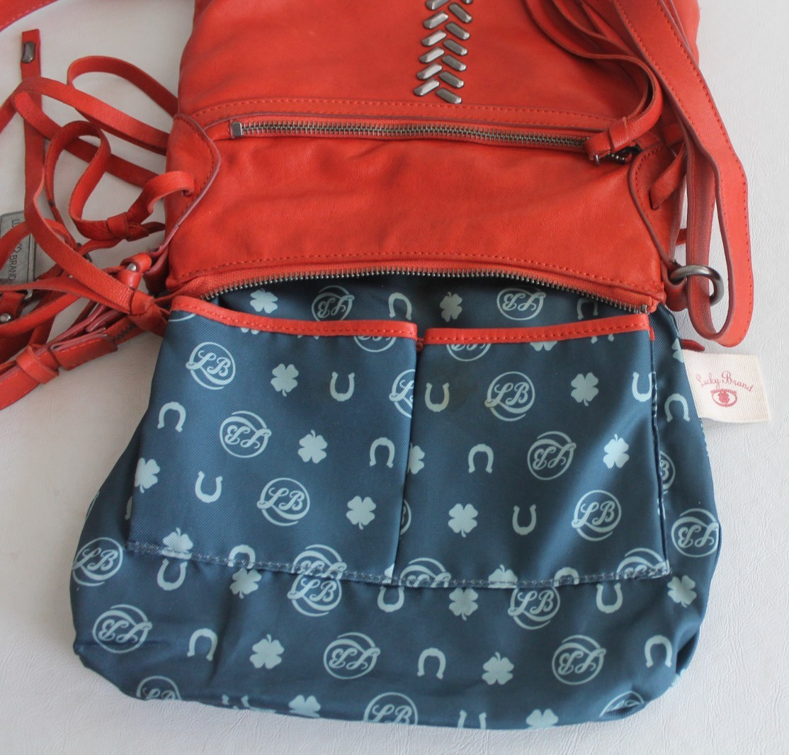 Vtg Y2k Lucky Brand Crossbody Red Leather Bag Herringbone Studs