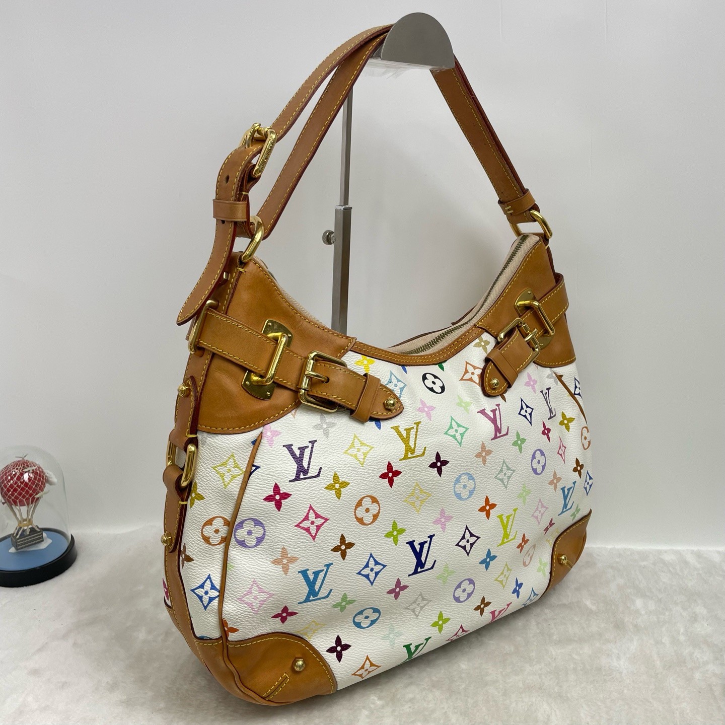 LOUIS VUITTON Greta Multicolor White Hobo Shoulder Bag Murakami Leather Auth