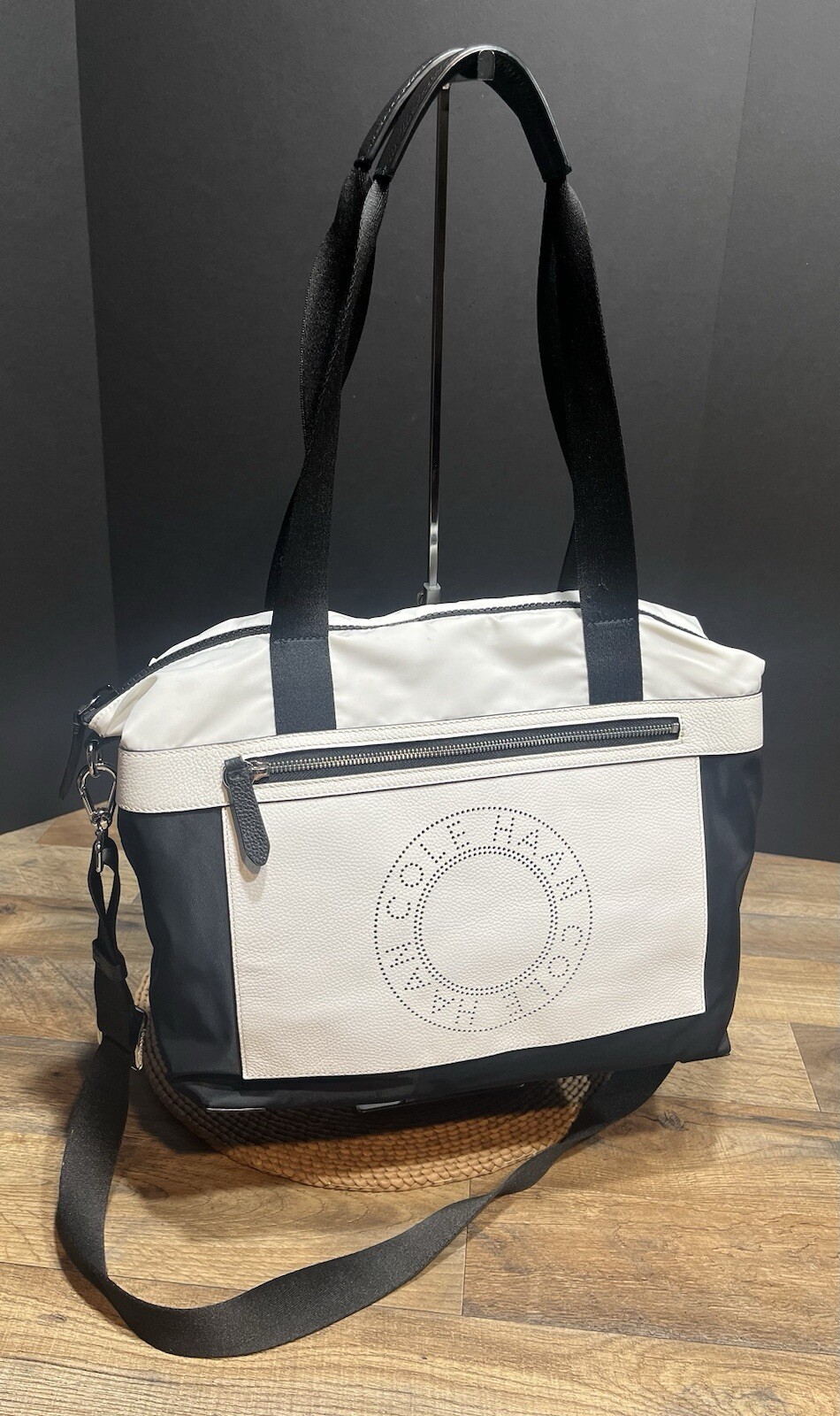 Cole Haan Grand Series Black/White Nylon /Leather Duffel Shoulder Messenger Bag