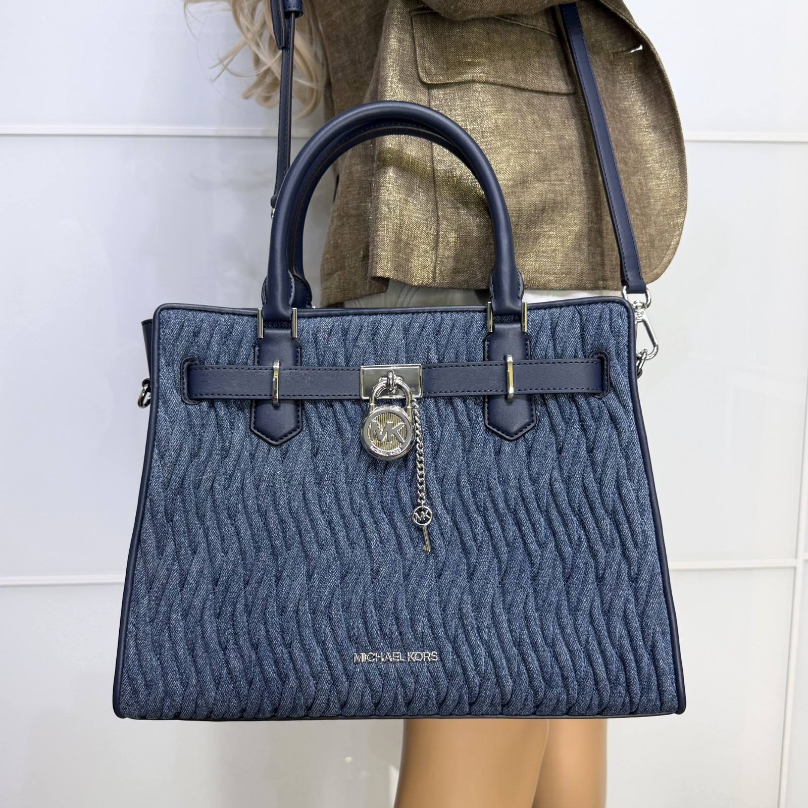 Michael Kors Set Hamilton MD Matelassé Denim Satchel Bag Denim Blue