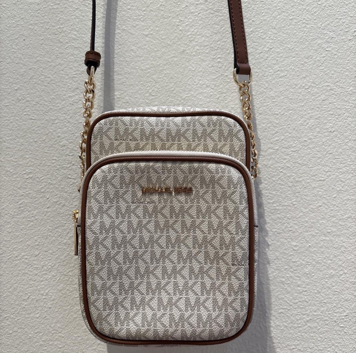 Michael Kors Jet Set Travel Signature PVC Medium Logo Chain Crossbody Flight Bag