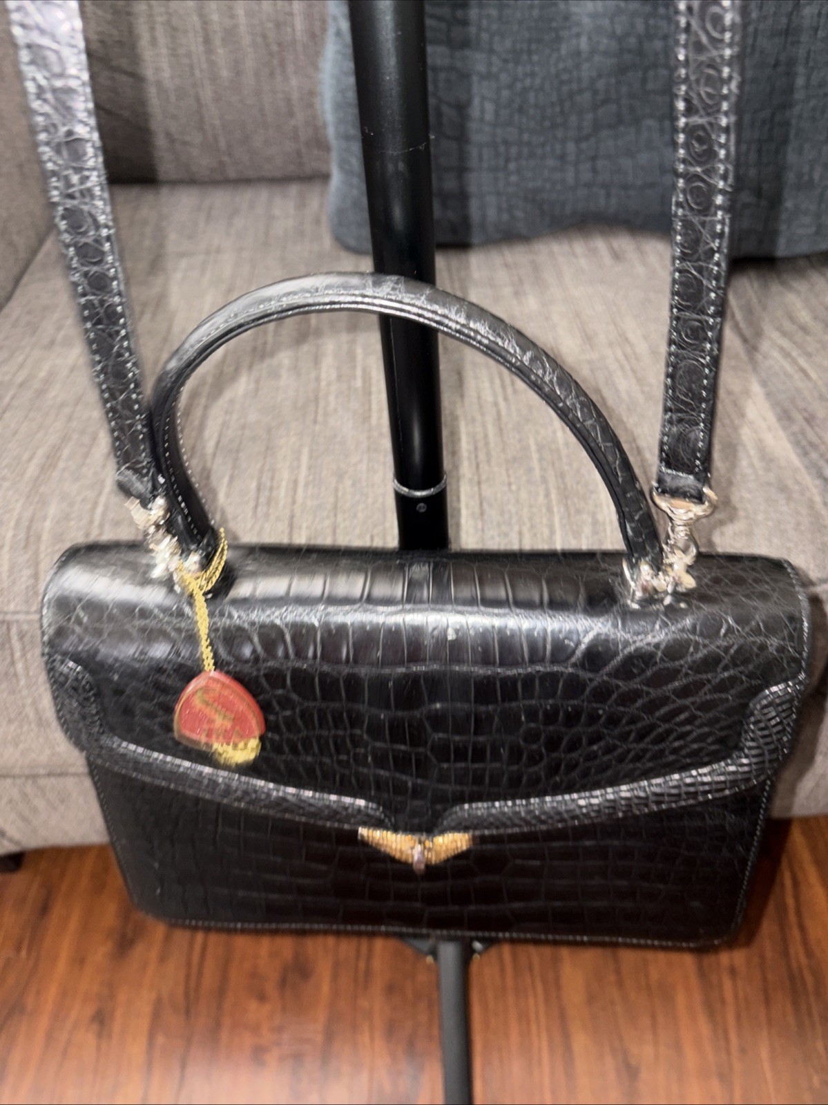 JRA Croco Matte 2 Way Bag Black Pre Owned Vintage L 10.5″ H 7.5″ W 3″