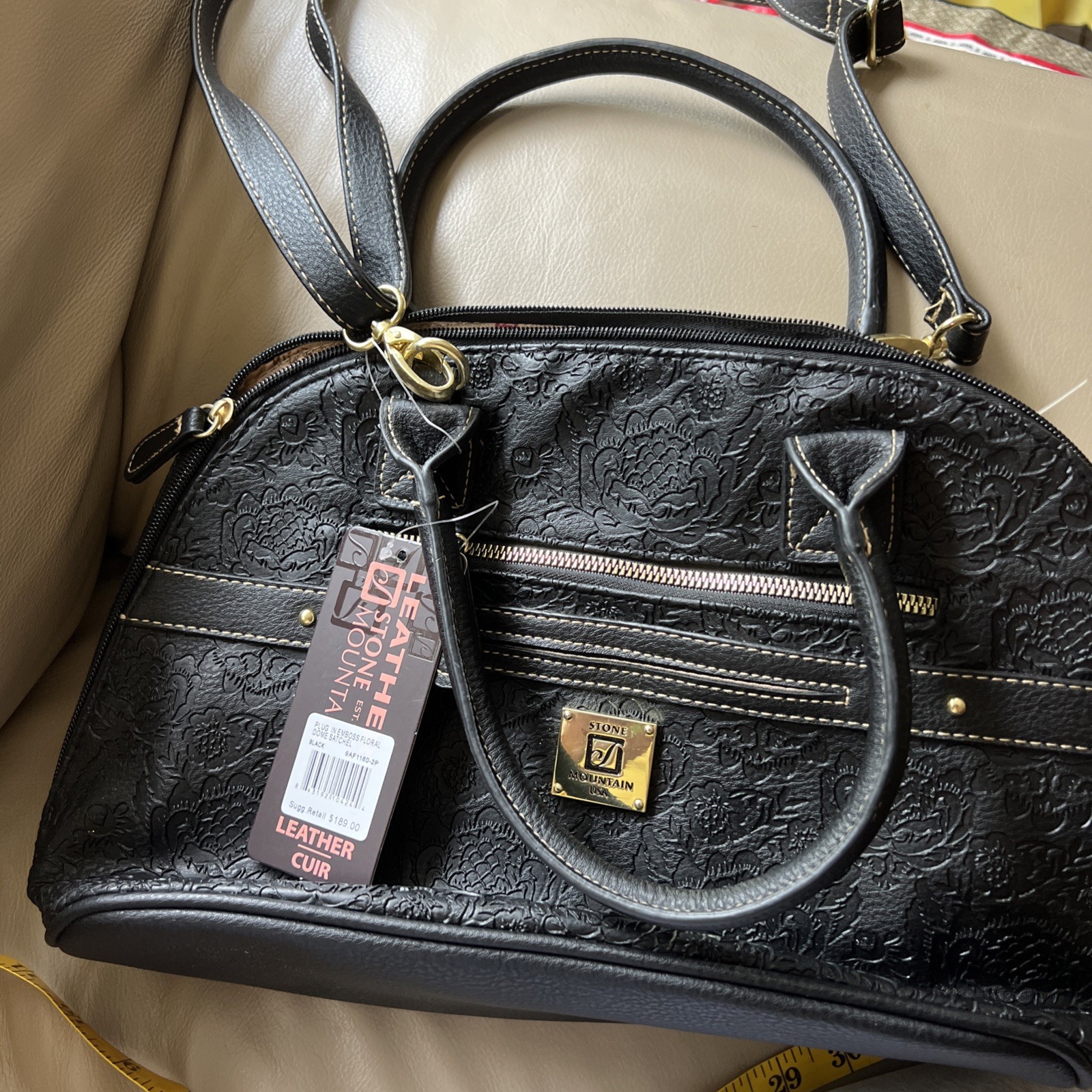 New Stone Mountain Black Flower Leather Shoulder Bag Handbag Purse $189