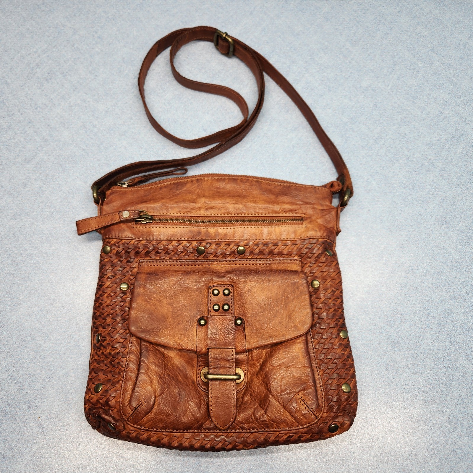 Oak Leathers Crossbody Messenger Shoulder bag Cognac Weave Handmade India
