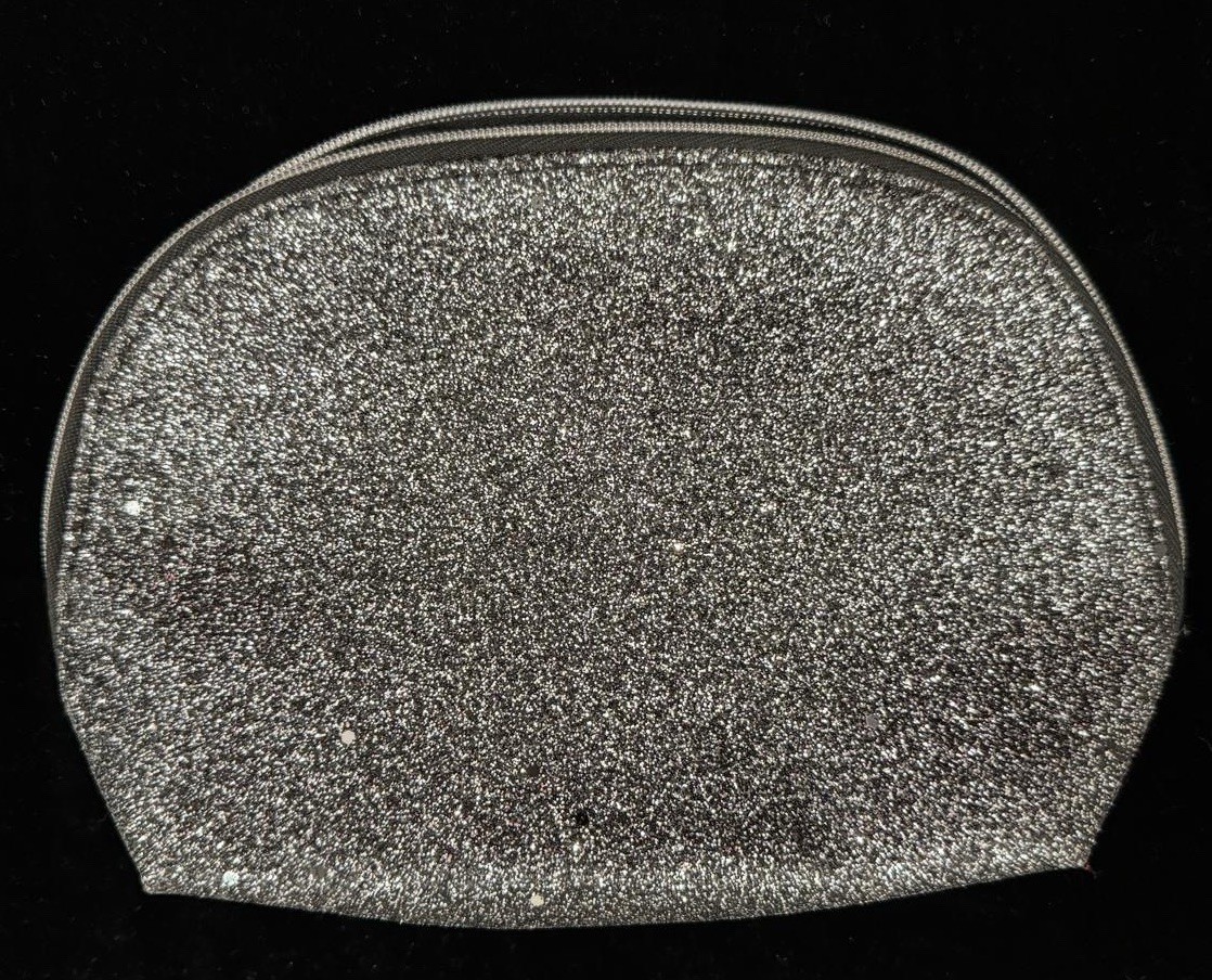 New Lancôme Paris Black Silver Metallic Sparkles Rounded Cosmetics Bag 10”X6”X2”