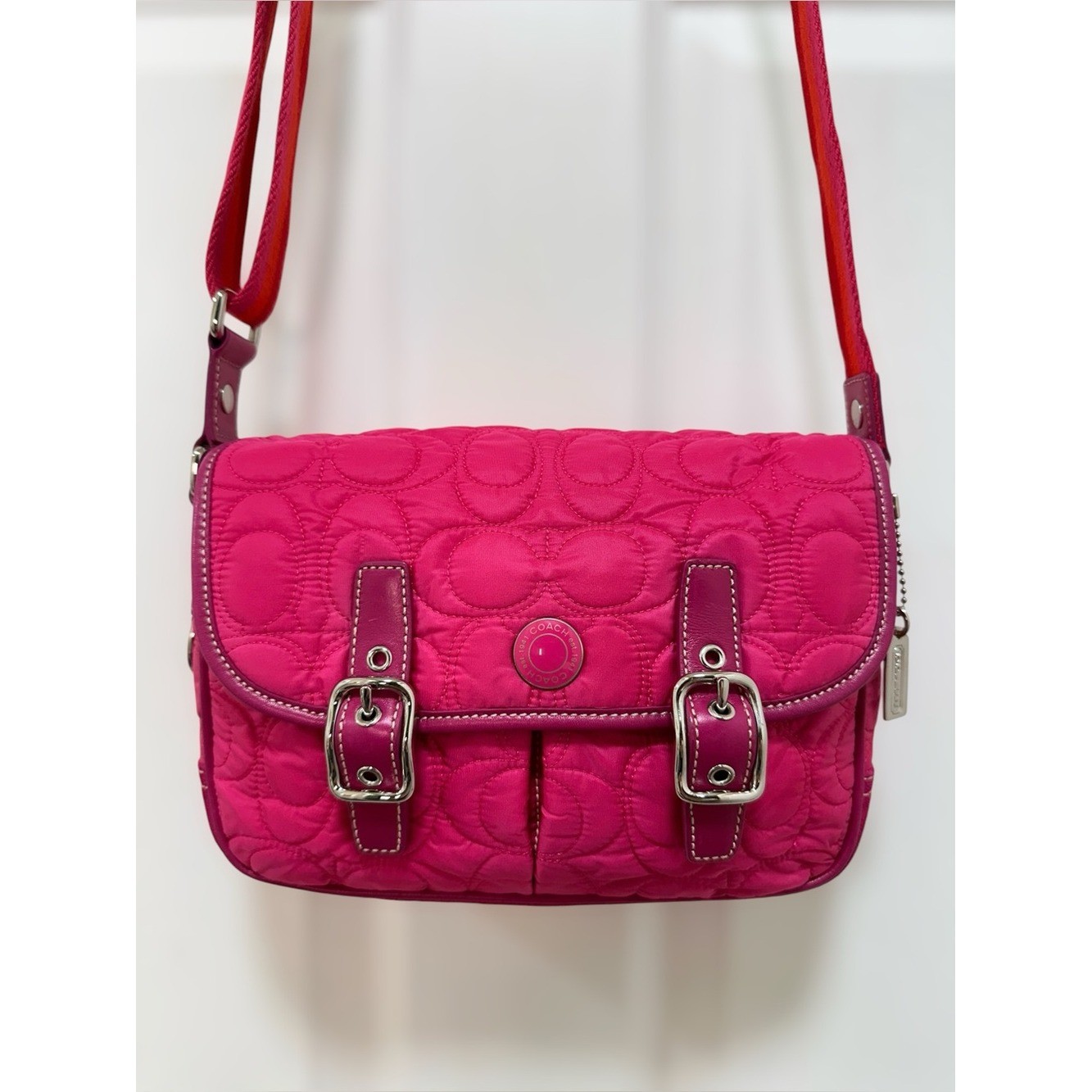 Coach Quilted Signature Nylon Field Messenger Bag Pink Suede Red Lining