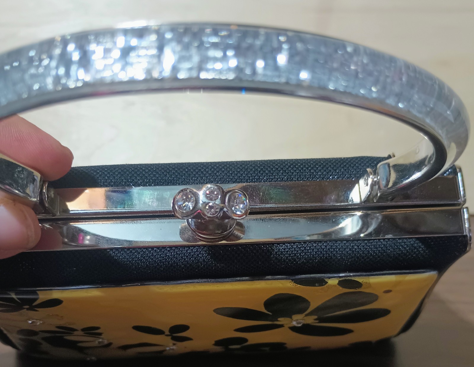 Debbie Brooks Black Yellow Silver & Gold Patent Leather & Chrome Evening Bag