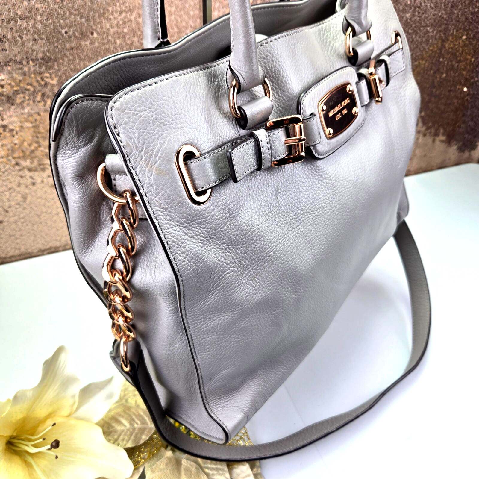 Michael Kors Womens Hamilton Satchel Handbag Purse Medium Gray Leather W/Strap