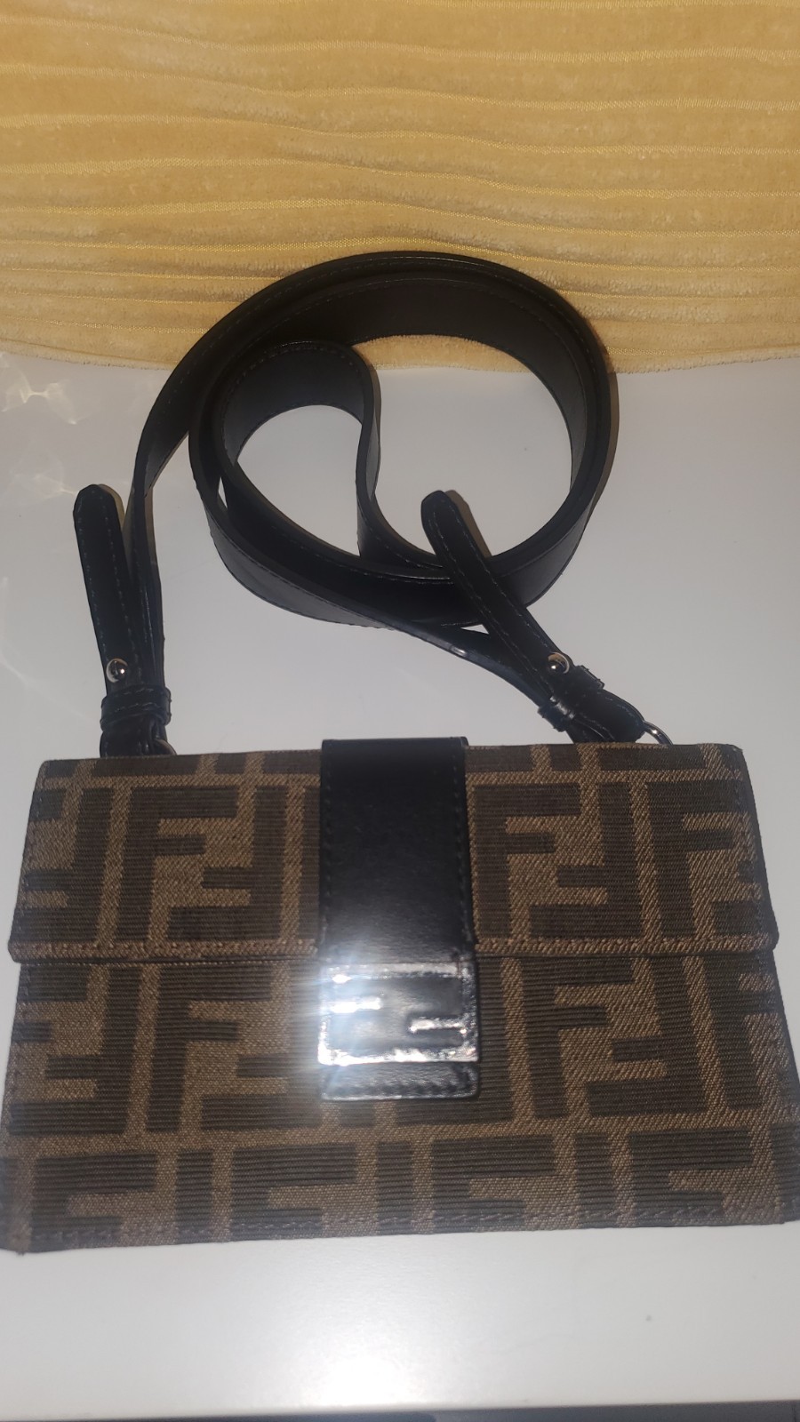 FENDI FF Zucca Canvas Shoulder Bag Baguette Slim Clutch Black Brown