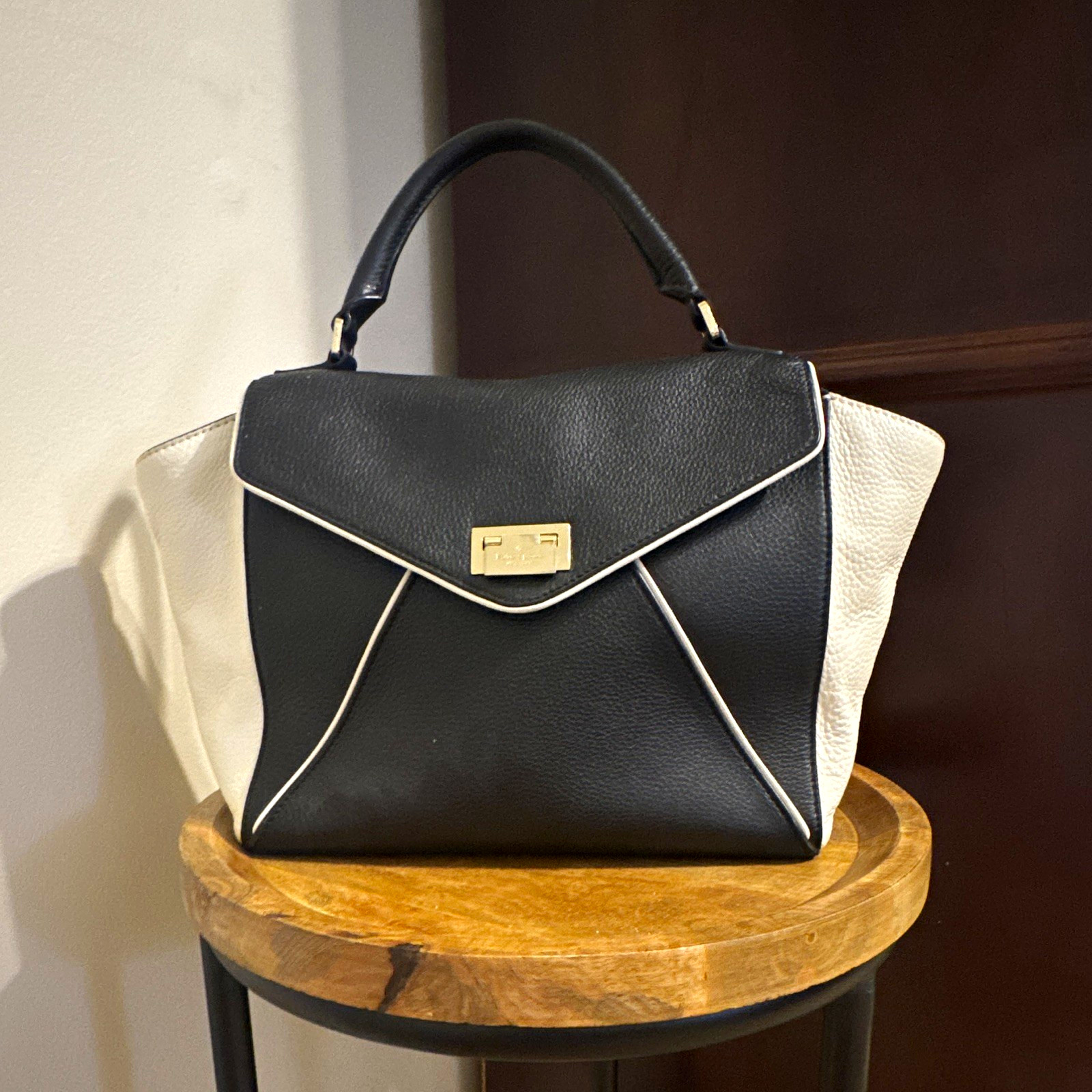kate spade new york Black White Colorblock Pebbled Satchel Turn Lock Gold