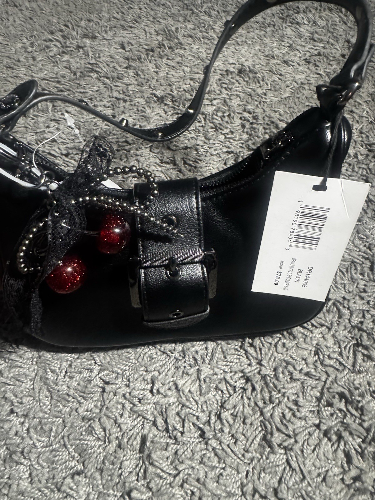 Steve Madden Black Small Crescent Shoulder Bag Cherry Charm Zip, Buckle,