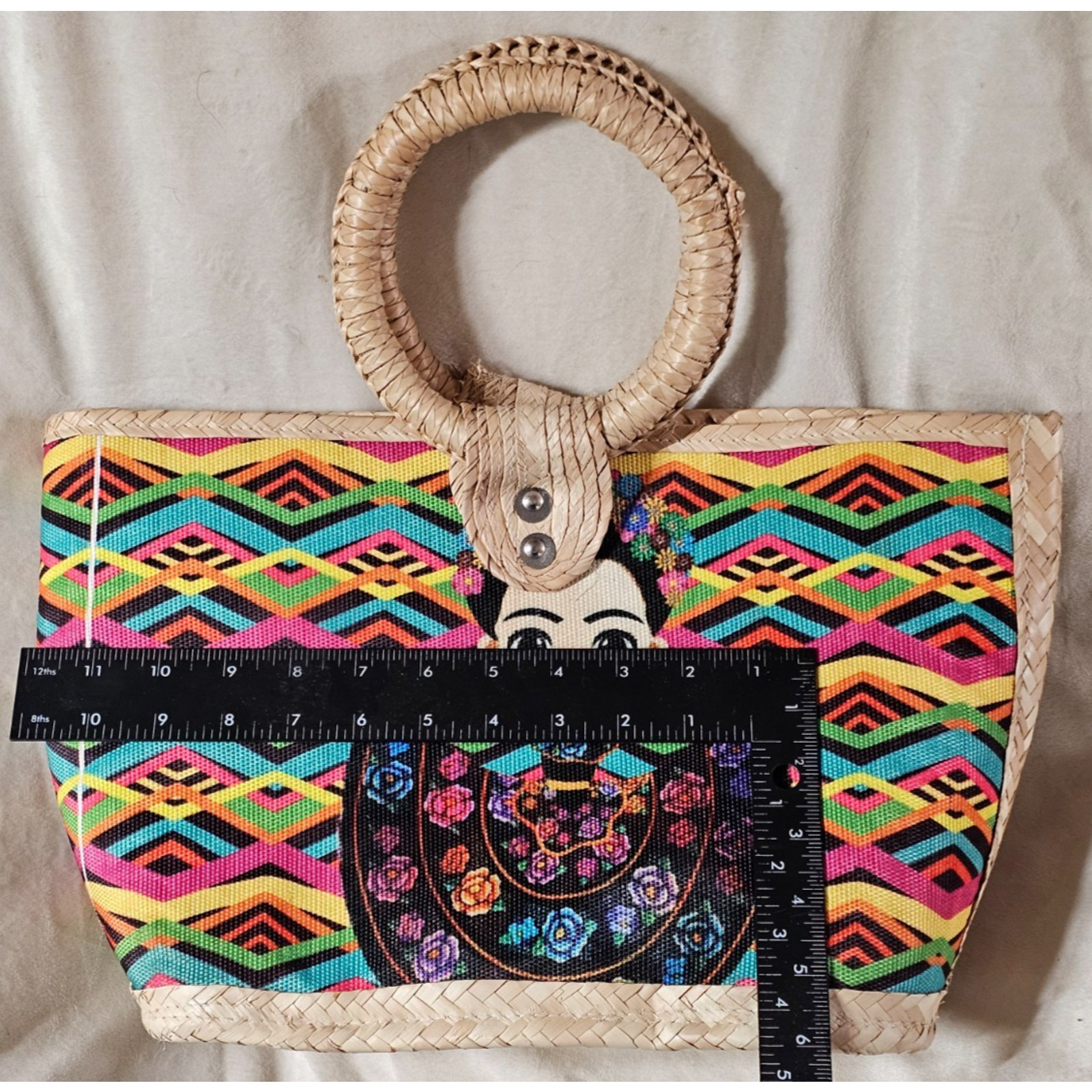Authenticate Frida Kahlo Mexican Handbag/Purse Multi Burst of Colors 11″ deep