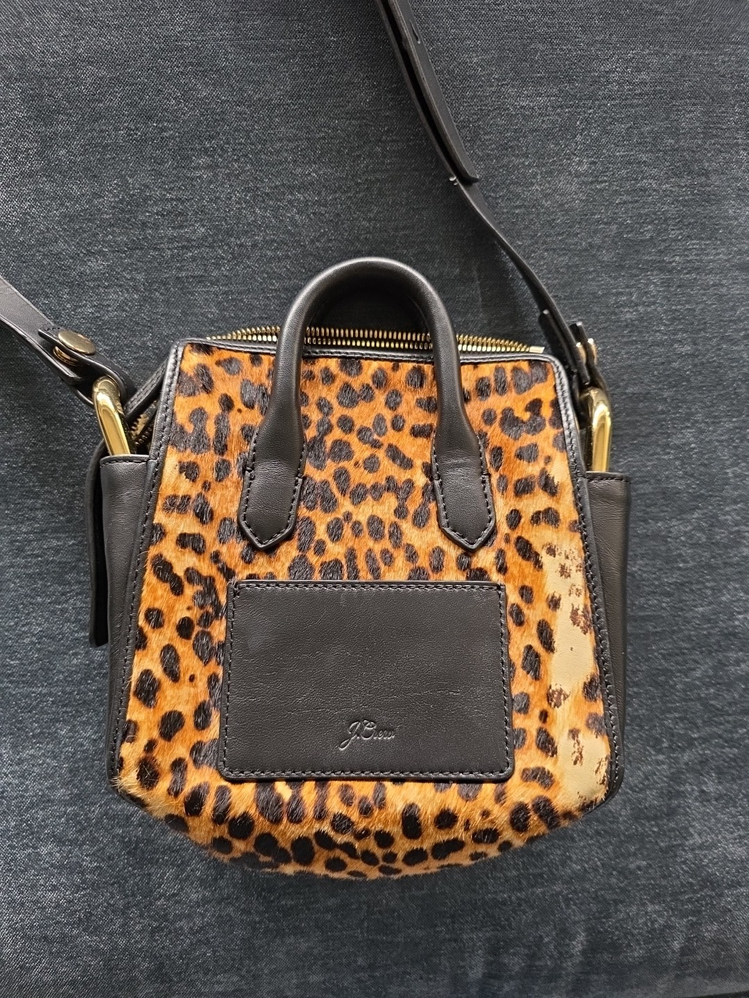 Leopard J Crew black Italian leather/calf hair mini crossbody. See Description