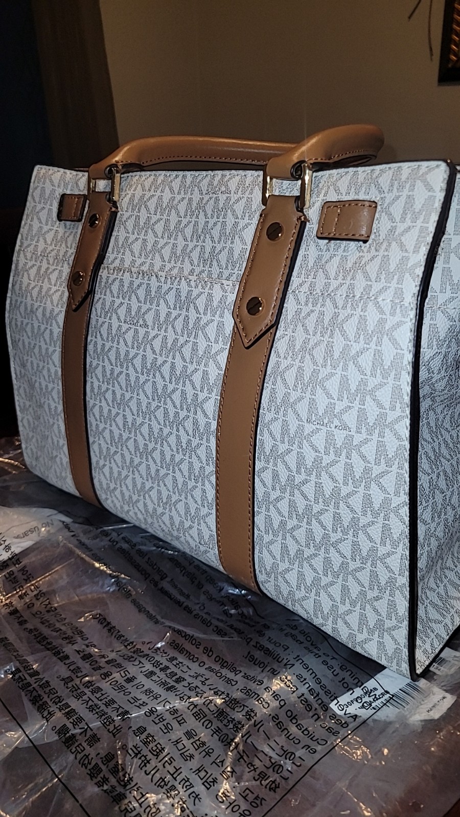 Michael Kors Nouveau Hamilton Small MK Logo Vanilla PVC & Leather Satchel Bag