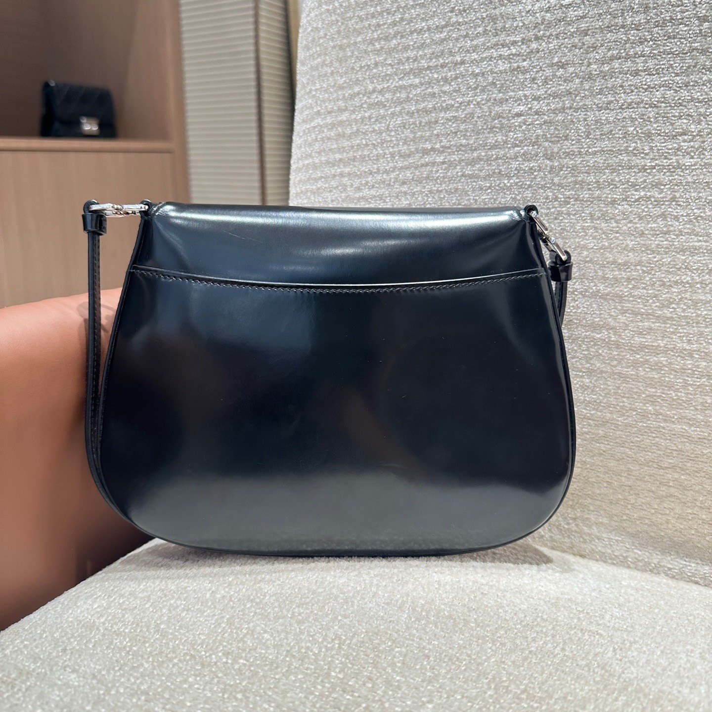 100%AUTH Prada Cleo Flap Shoulder Bag Small Smooth Black Leather Silver Hardware