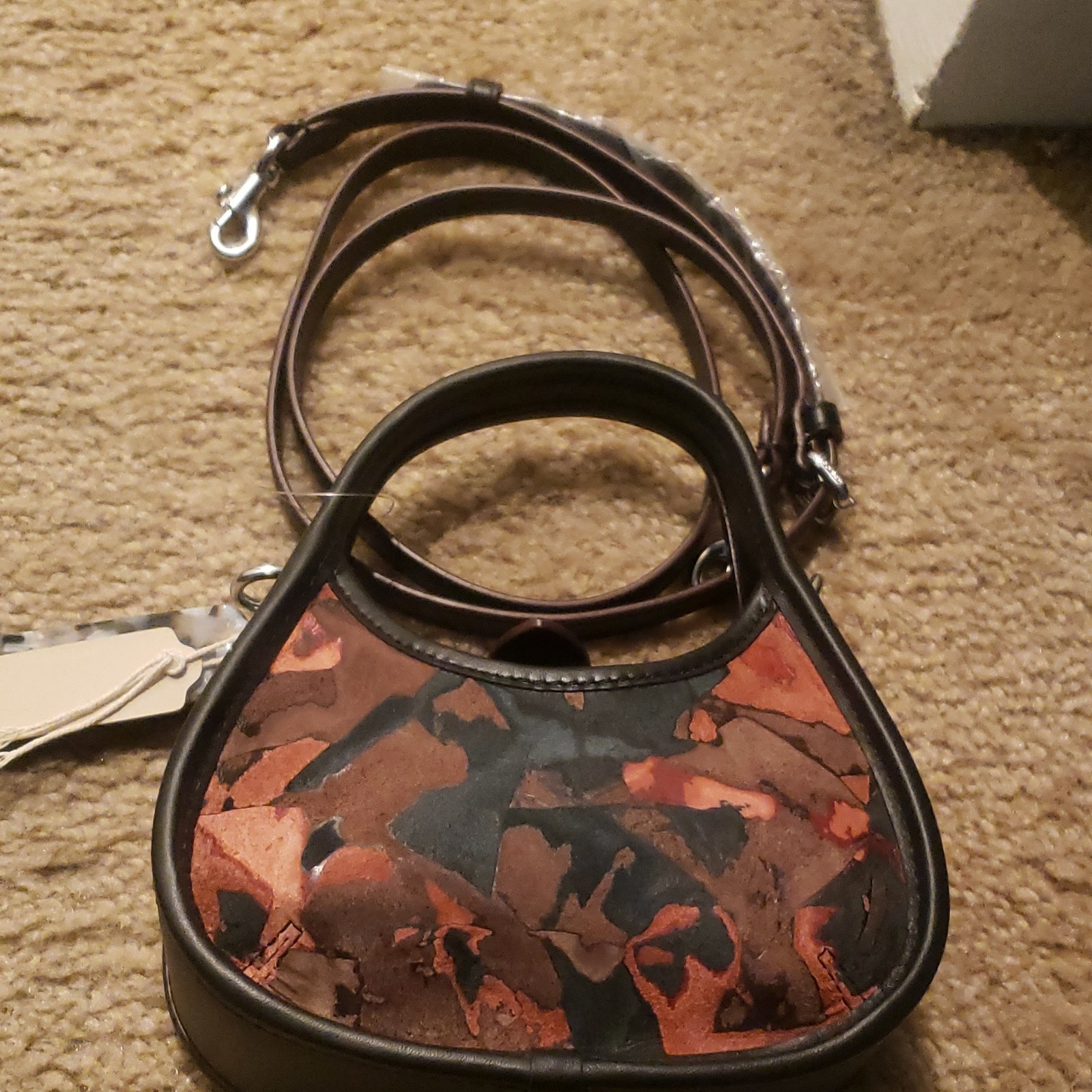Coach Small Crescent Top Handle Bag Abstract Print Black Brown Orange Zip