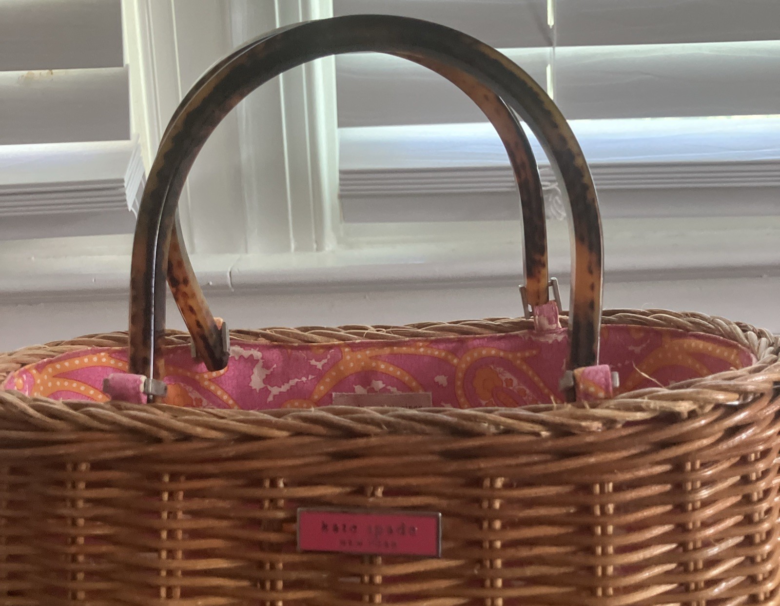 Kate Spade Gracie Wicker Handle Satchel Bag Tortoise Vintage Basket Pink Paisley