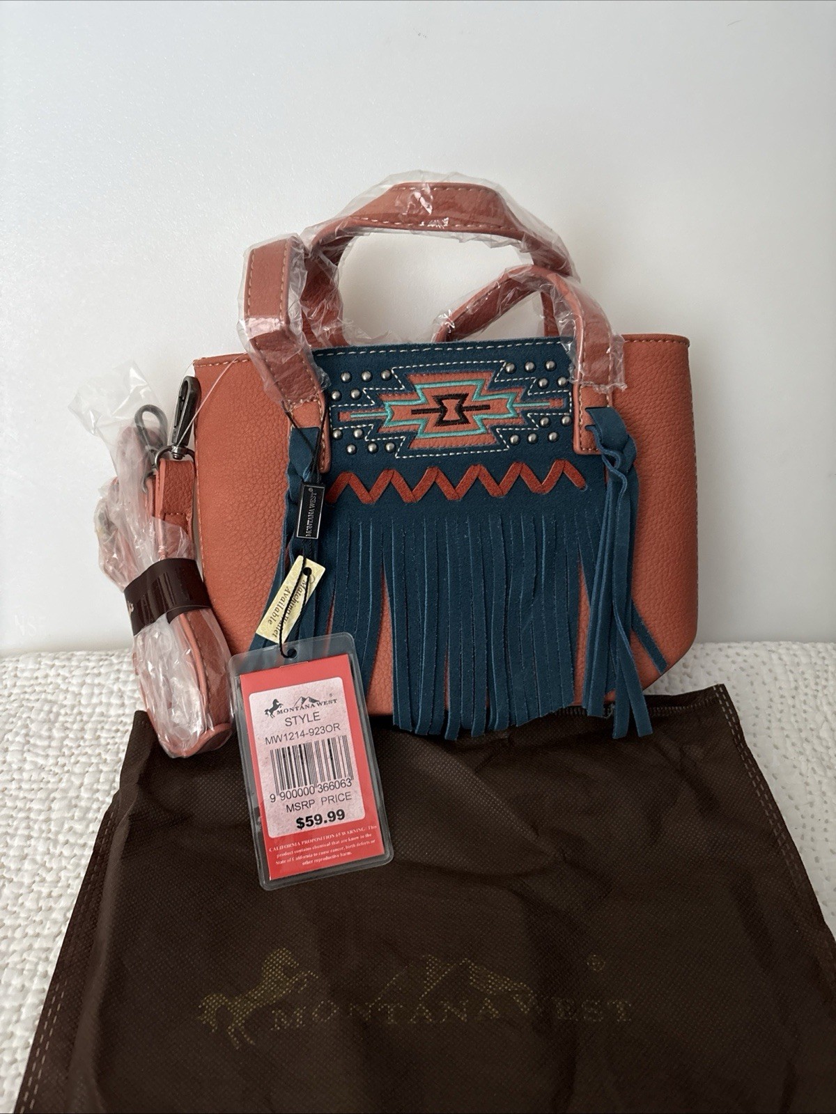 MW1214-923OR Montana West Aztec Orange & Blue Studded Bag Suede Tassels NWT