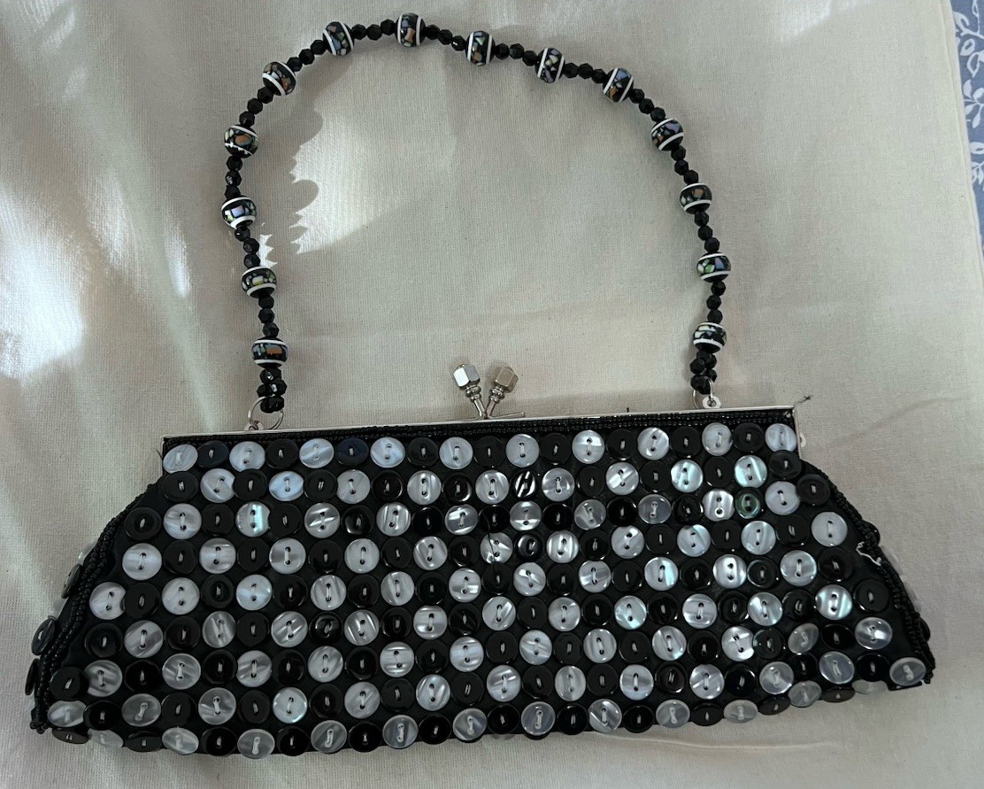 Handbag Embellished Beaded & Buttons Black Silver Tone Hardware Purse Clutch
