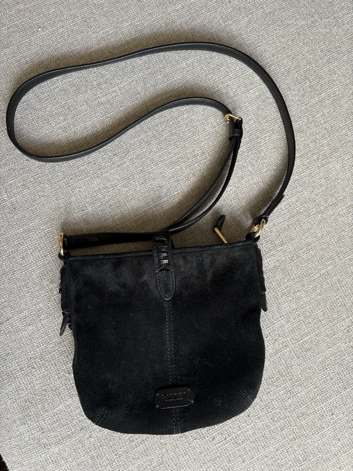 Ralph Lauren Black Suede Boho Festival Crossbody Bag Tassel Gold HW