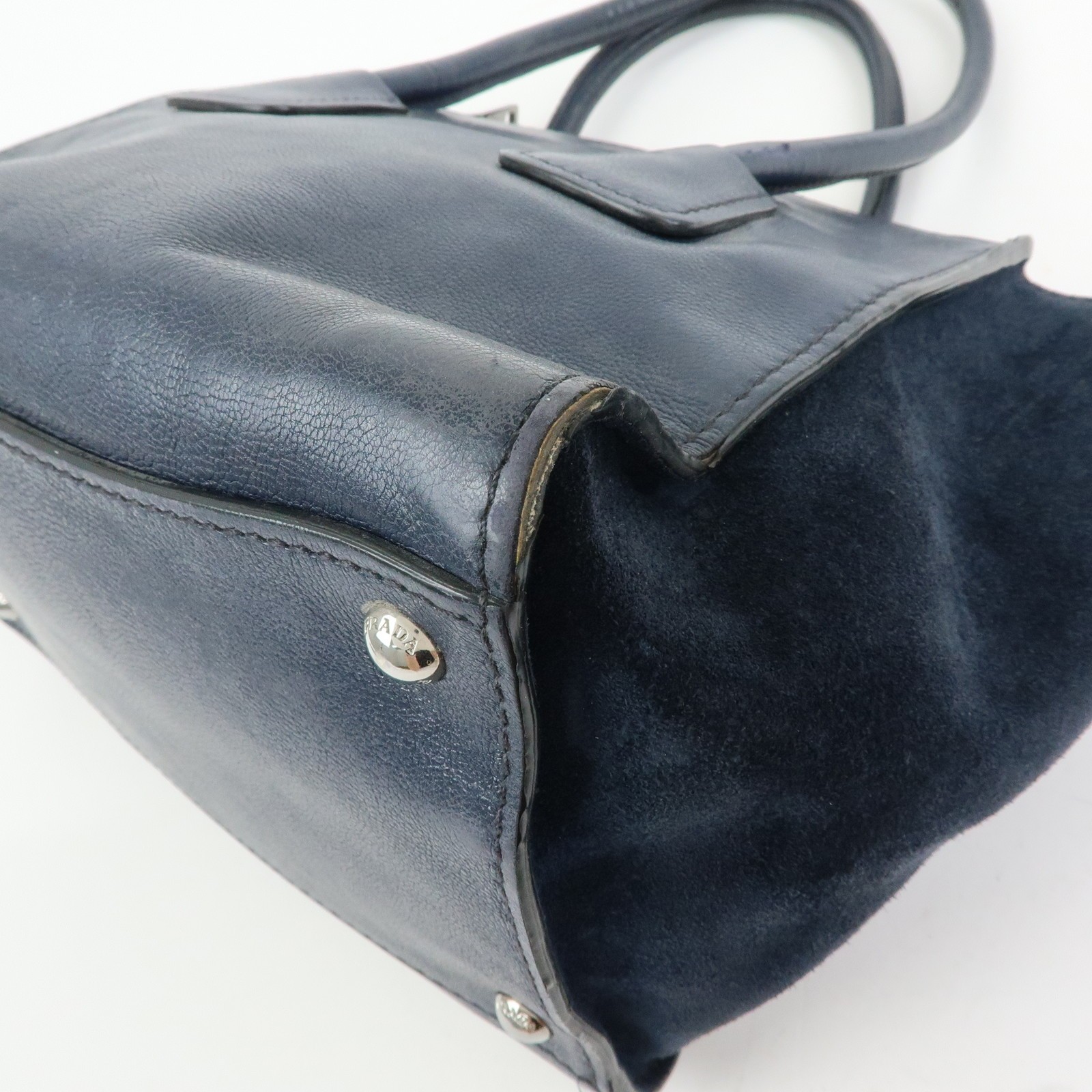 PRADA Triangle Logo Leather 2Way Bag Tote Bag Hand Bag Navy B2625M Auth Used F/S