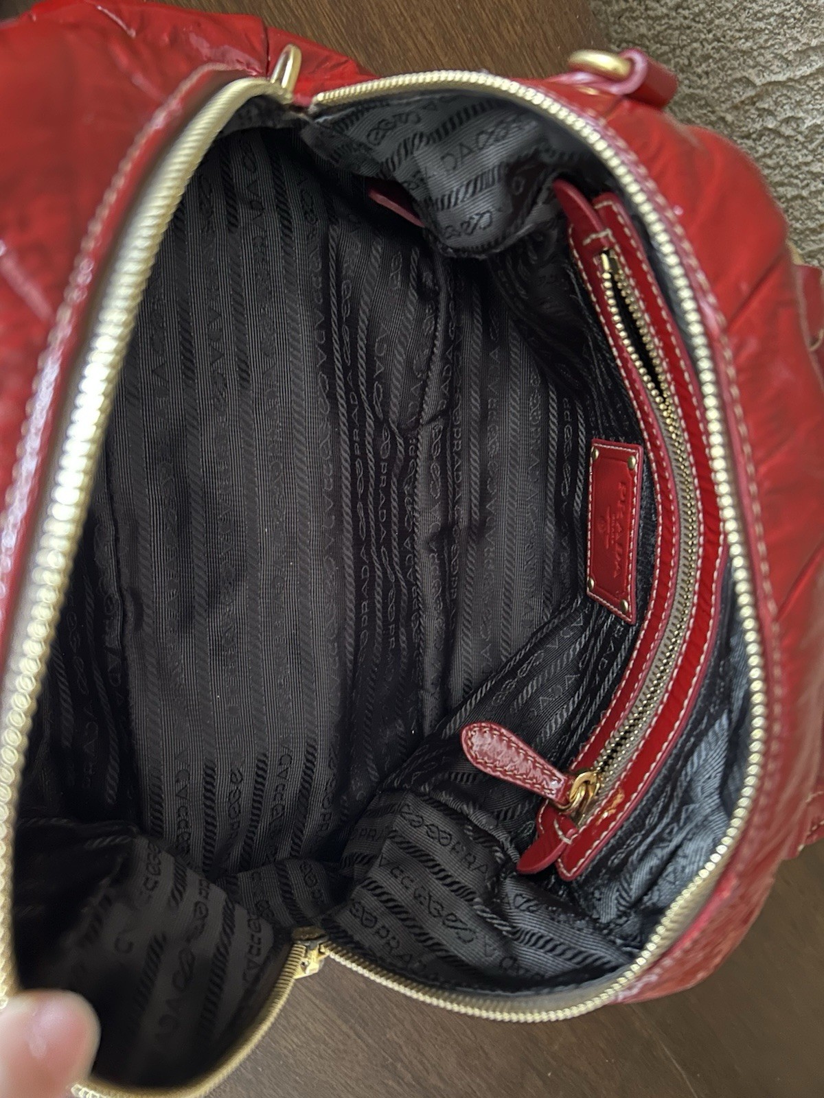 Prada Red Patent Quilted Satchel Top Handle Detachable Strap Gold Zip