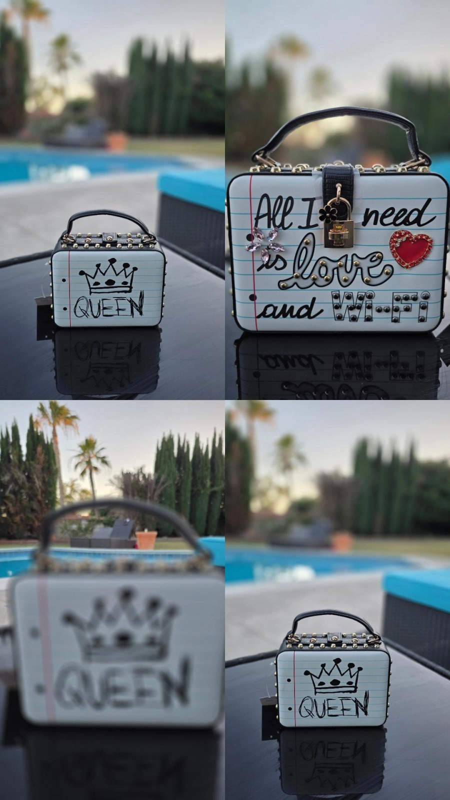 White/Black Queen Graphic Studded Embroidered Top Handle Box Bag w/ Lock