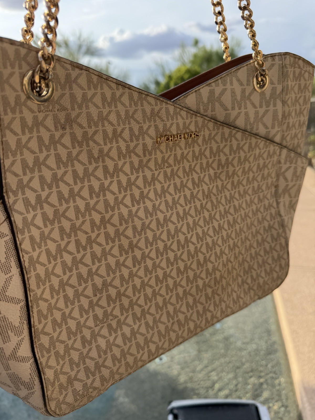 Michael Kors Beige/Brown Monogram Tote Shoulder Bag Zip Gold Chain Inner Pockets