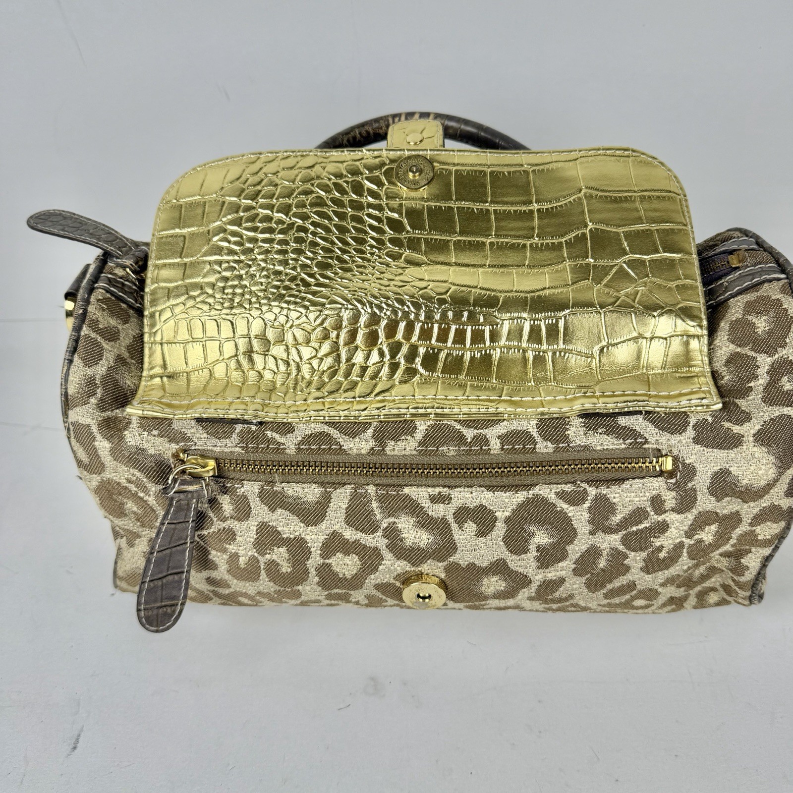 Guess Vintage Leopard Print Croc Trim Studded Satchel Gold Hardware Logo Handbag