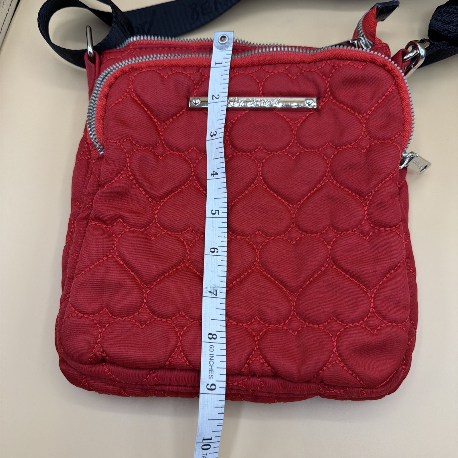Betsy Johnson Red Be Mine Crossbody Purse Zipper Pockets Keychain Quilted Love