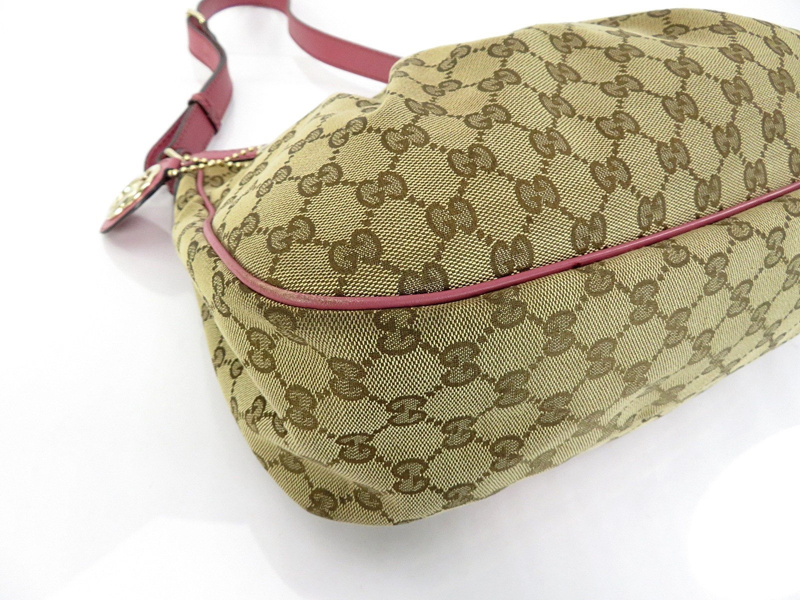 Auth GUCCI Sukey Brown GG Canvas and Pink Leather Shoulder Bag Purse #62121