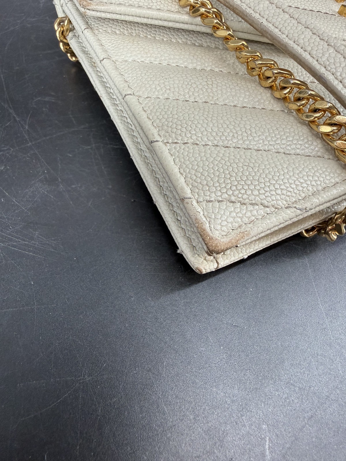 Saint Laurent Cassandre Envelope Crema Leather Chain Wallet