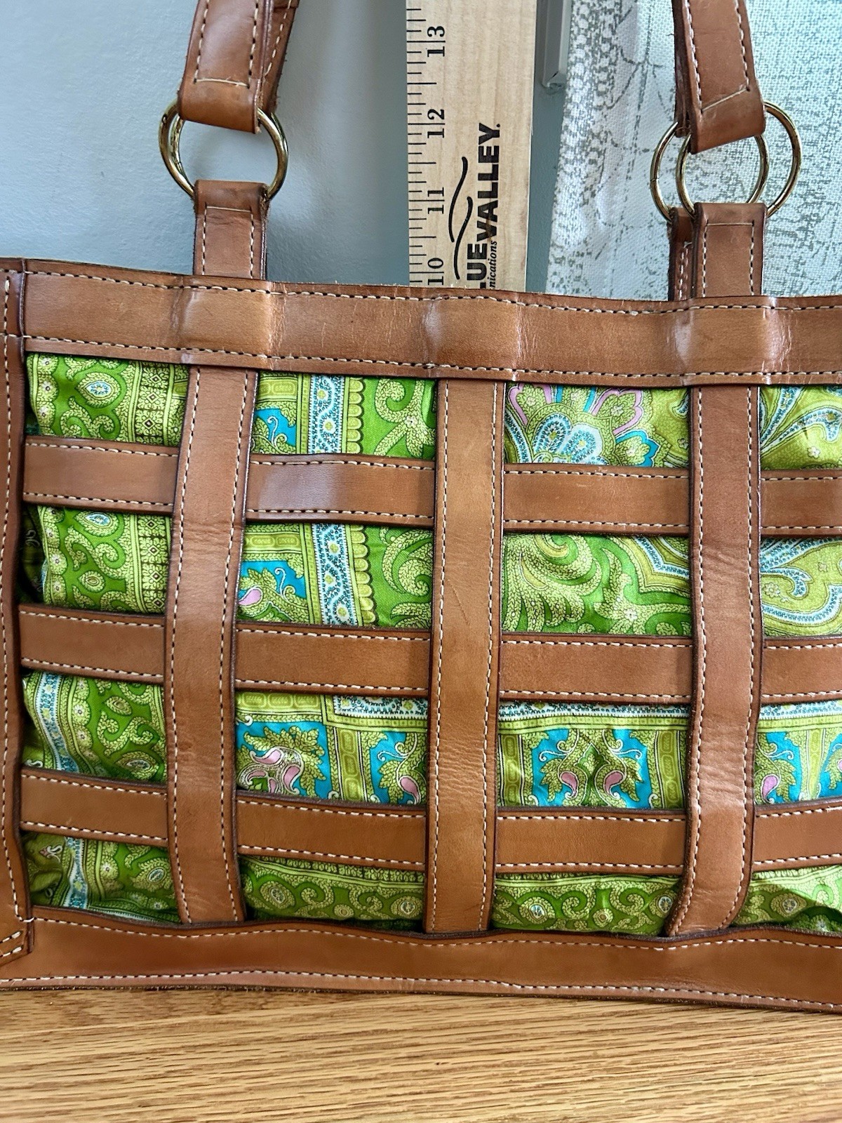 MITZI BAKER Woven Leather Satchel Purse Tech Tote Handbag Tan & Green RARE •L•EC