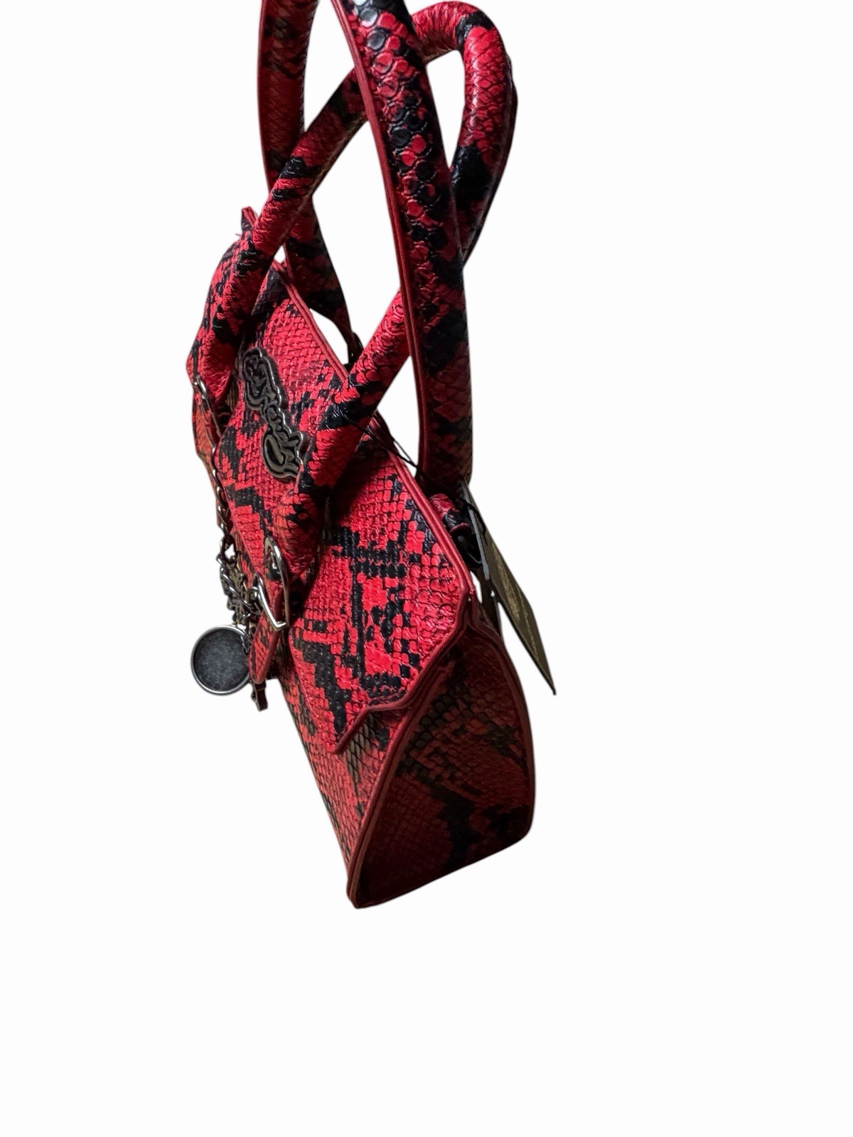 Ed Hardy Red Snake Print Satchel Shoulder Handbag Purse Charm Vegan Leather NWT