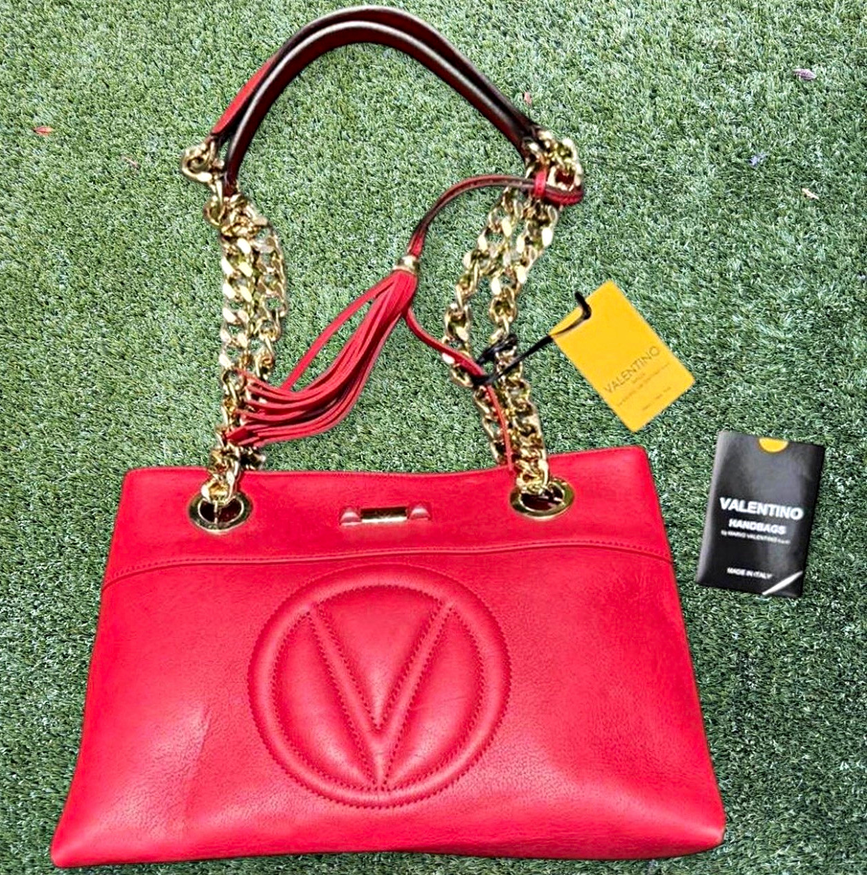 Valentino Red Medium Shoulder Bag Gold Chain Tassel Logo Magnetic Closure