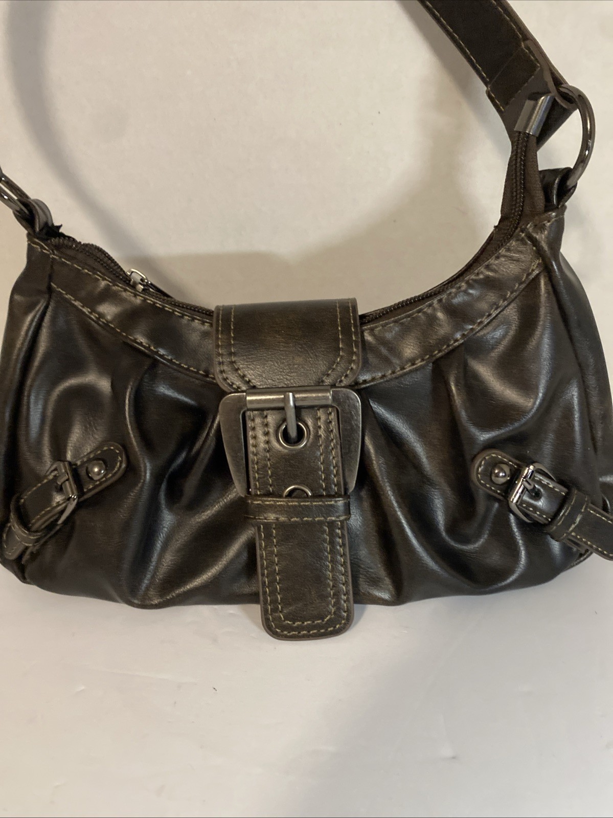 Faux Leather Buckle Front Coffee Brown Shoulder Bag / Purse Snap & Zippered.