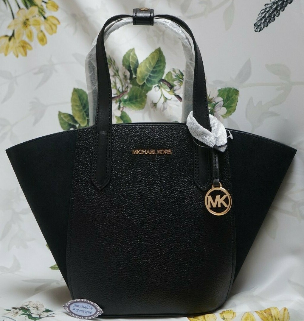 NWT MICHAEL KORS PORTIA SMALL Tote Bucket Bag In BLACK Leather Suede Gold Tone