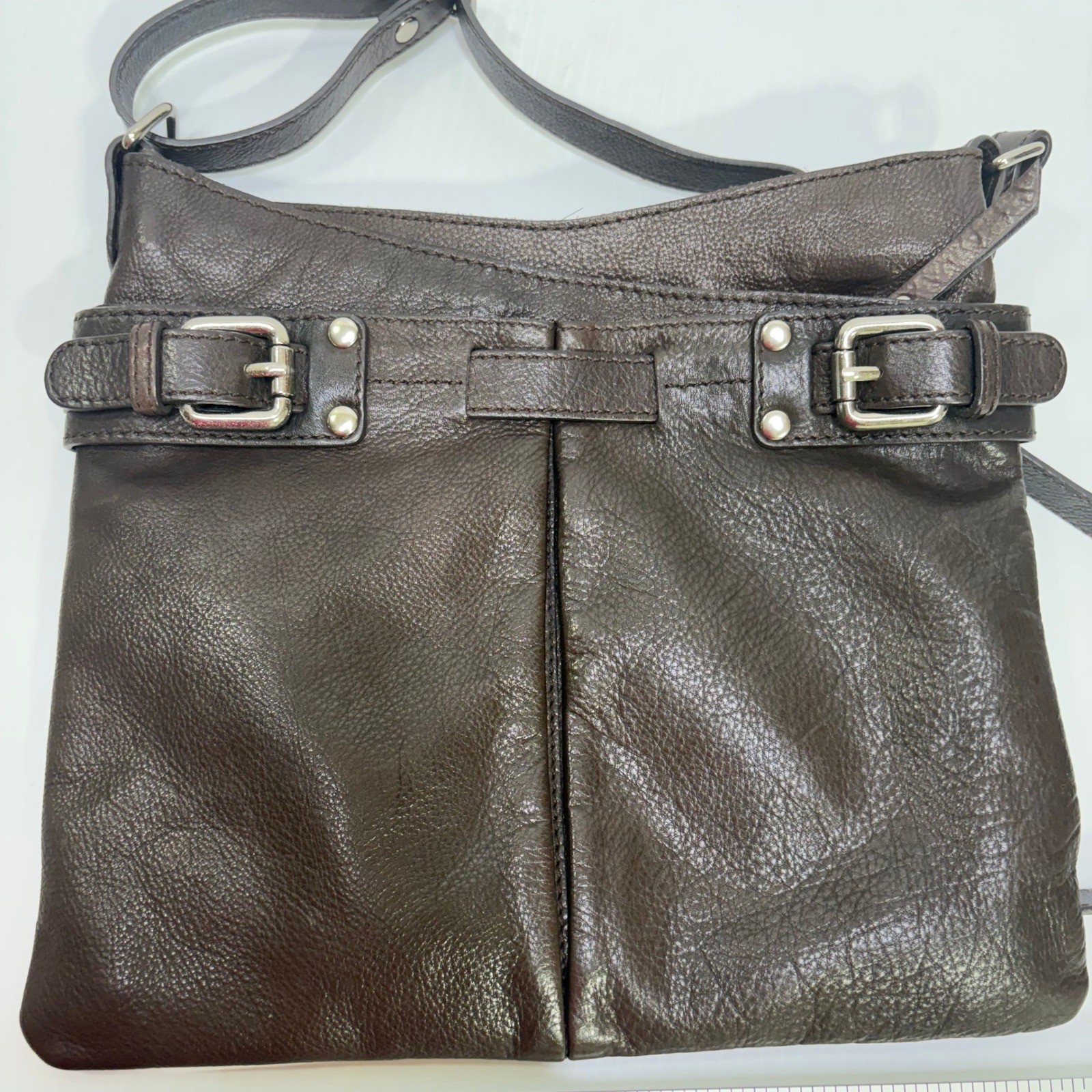 5th Avenue Dark Brown Real Leather Crossbody Bag Silver Buckle Detail Messenger