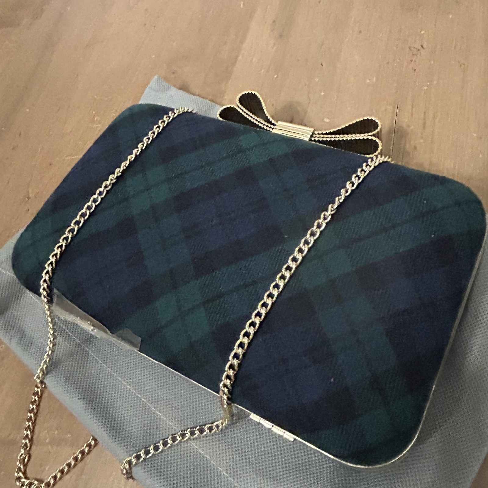 Talbots Clutch Womens Small Green Plaid Cheers Bow Chain Strap Holiday Purse