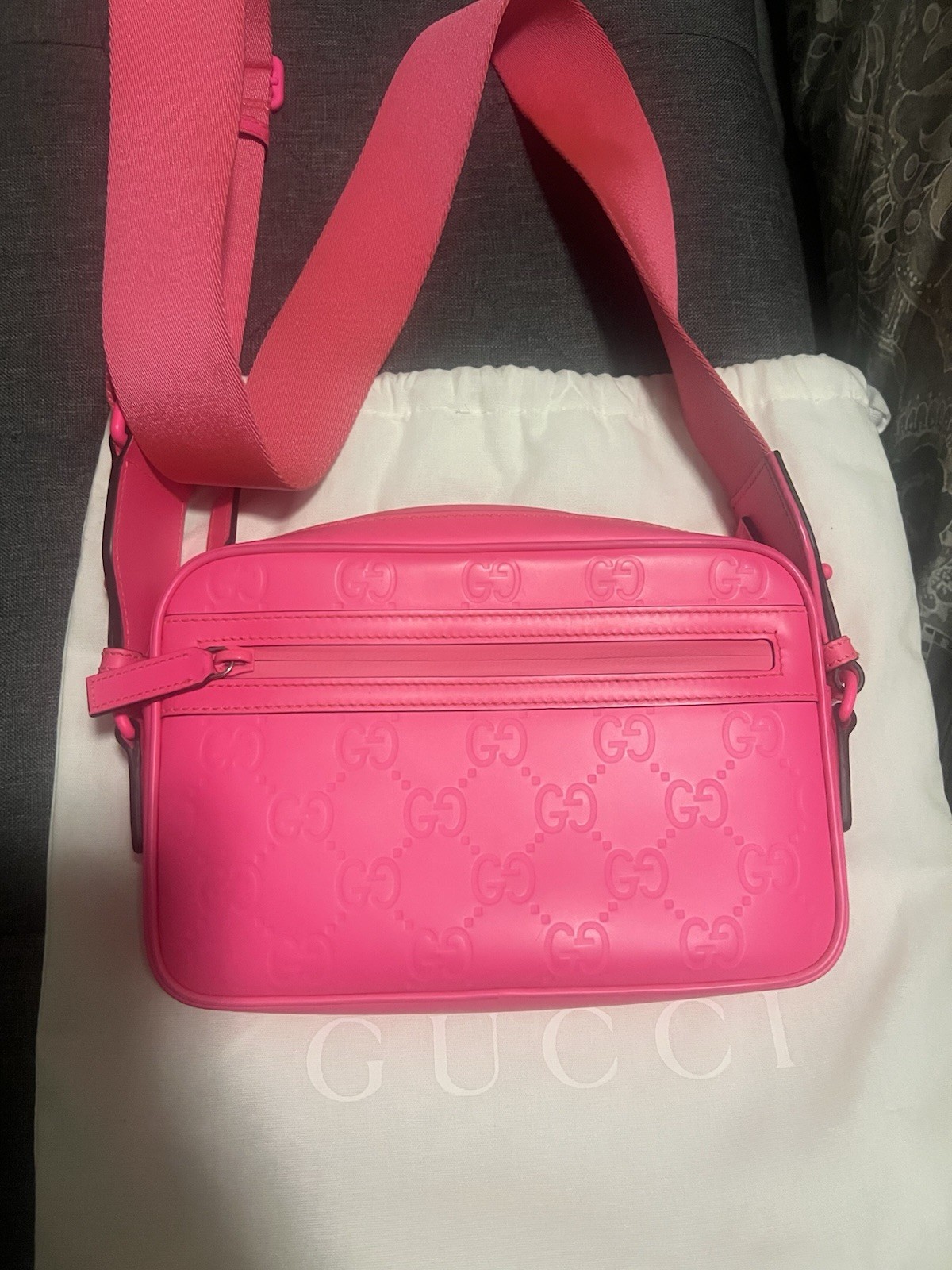 Gucci GG Pink Embossed Zip Crossbody Bag Adjustable Strap w/ Dust Bag