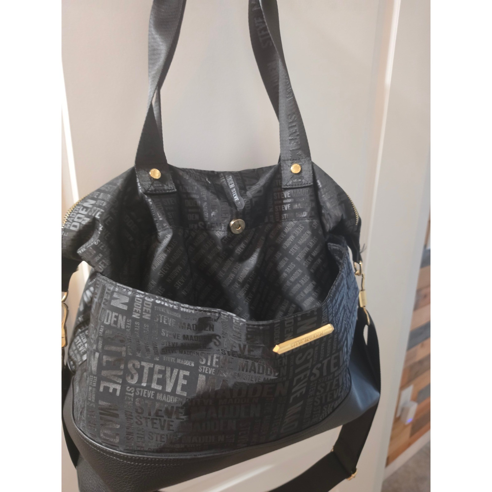 Steve Madden Black Logo Nylon and Faux Leather Travel Tote Crossbody Bag