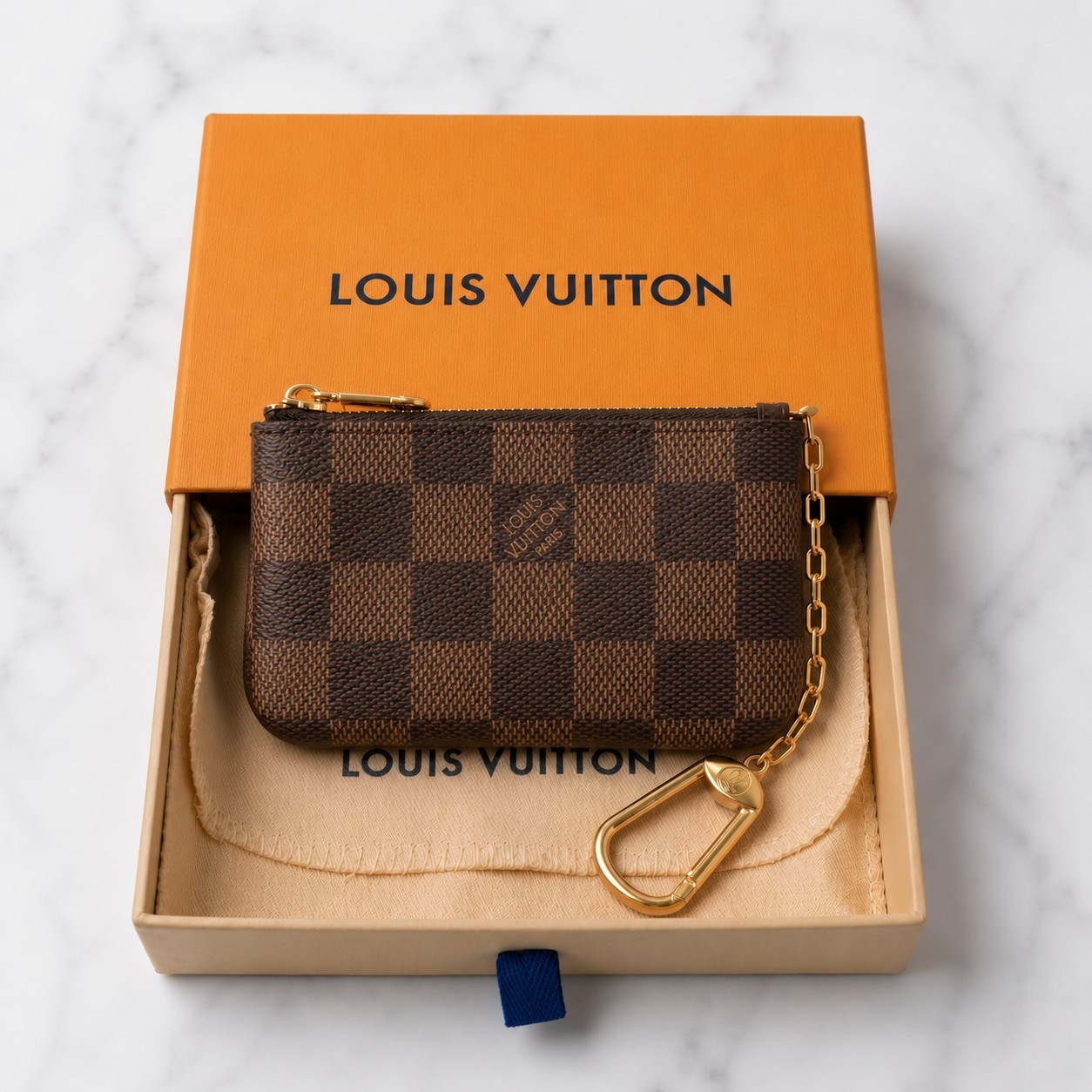 LOUIS VUITTON Damier Brown Ebene Coin Purse Key Pochette Cles With Box ✨